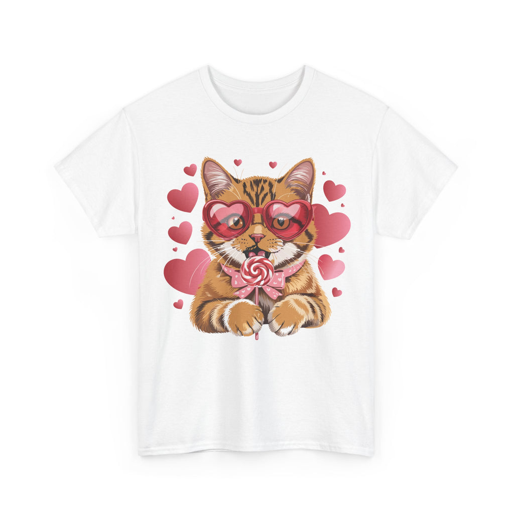 Valentine Cat Tee — Heart Glasses, Lollipop Bow Unisex Cotton Tee