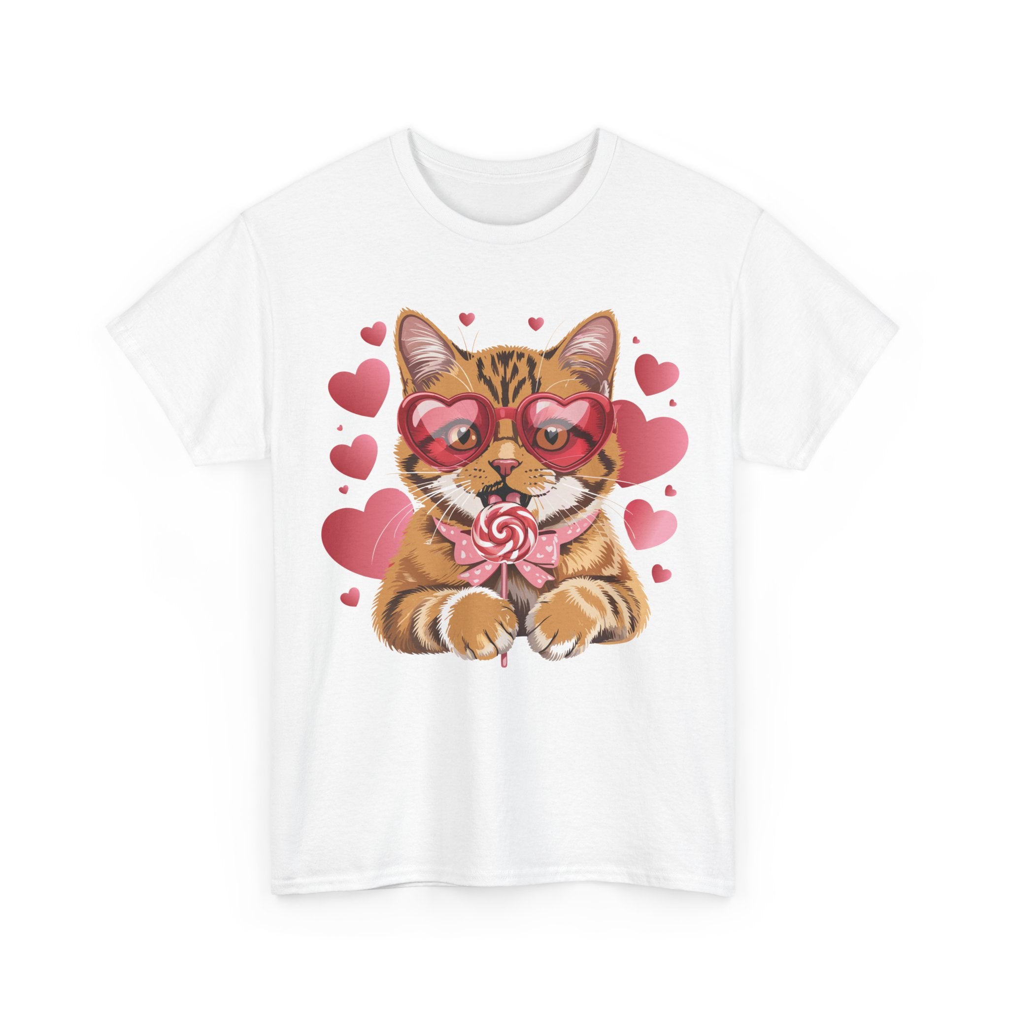 Valentine Cat Tee — Heart Glasses, Lollipop Bow Unisex Cotton Tee