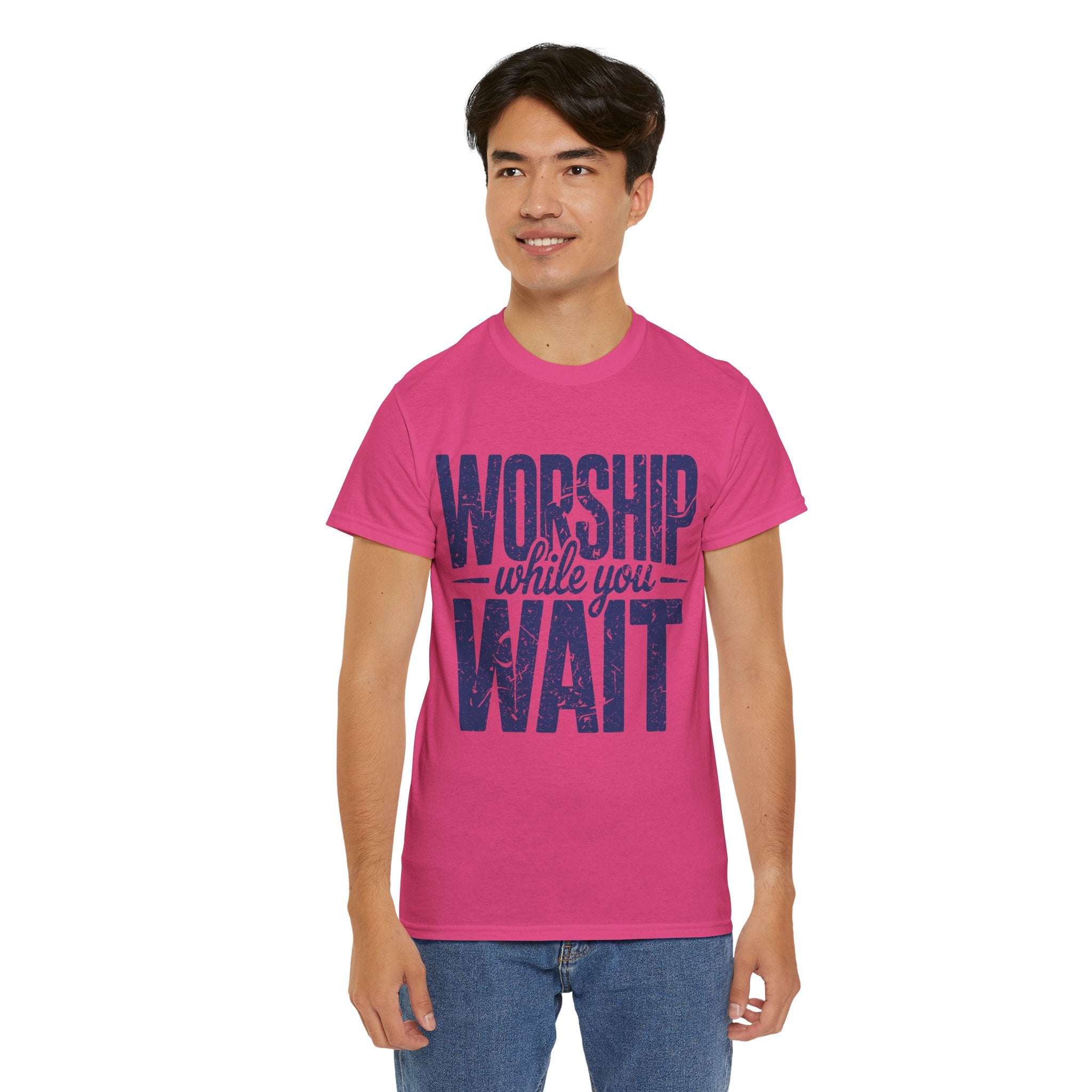 Worship While You Wait T‑Shirt — Distressed Pastel Blue Faith Unisex Cotton Tee