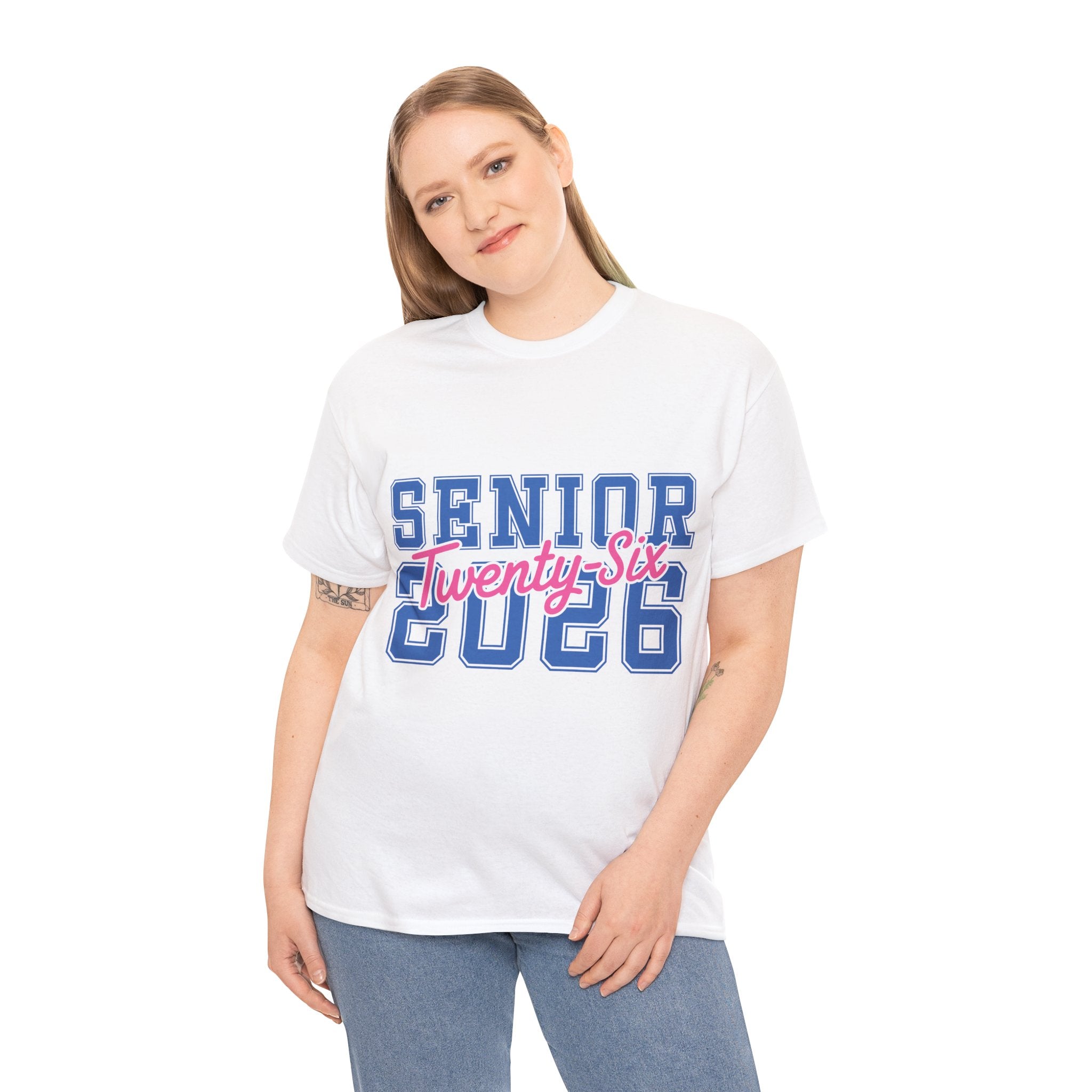 Senior 2026 Tee — Pink Varsity Block with Blue Script Overlay Unisex Cotton Tee