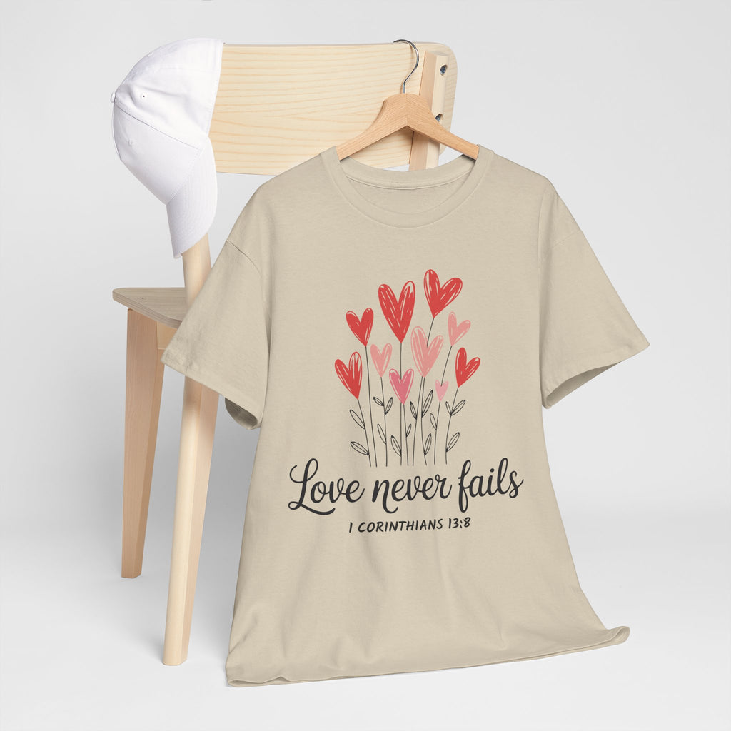 Christian Valentine T-Shirt — "Love Never Fails" (1 Corinthians 13:8) Unisex Cotton Tee