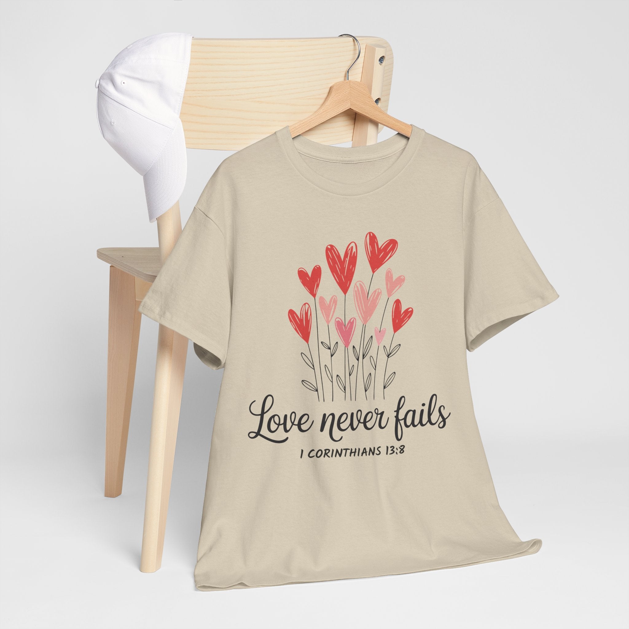Christian Valentine T-Shirt — "Love Never Fails" (1 Corinthians 13:8) Unisex Cotton Tee