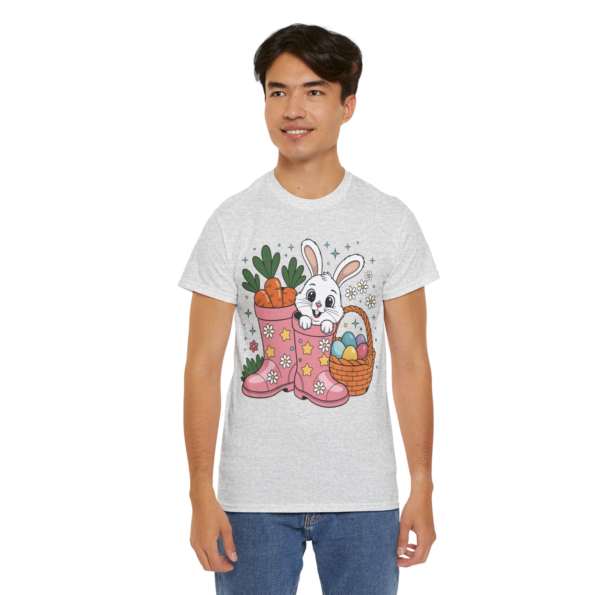 Easter Bunny in Pink Rain Boots T-Shirt — Cartoon Bunny, Carrots & Colorful Eggs Unisex Cotton Tee