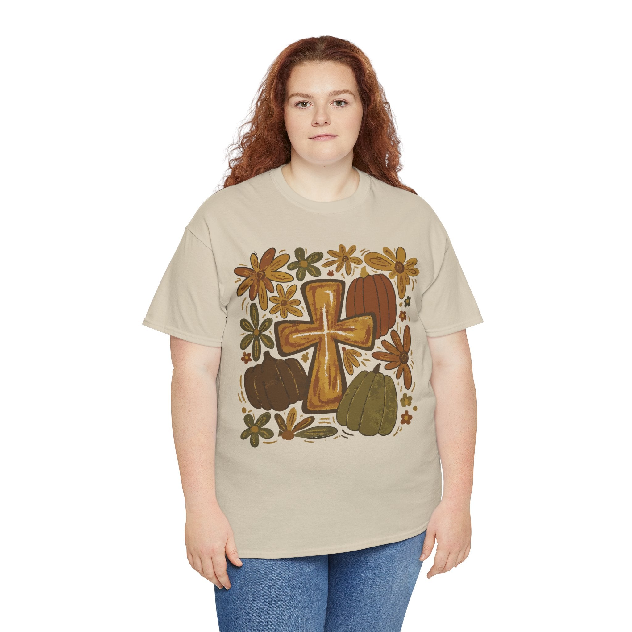Autumn Cross Tee — Rustic Pumpkin & Fall Floral Christian Unisaex Cotton T-Shirt