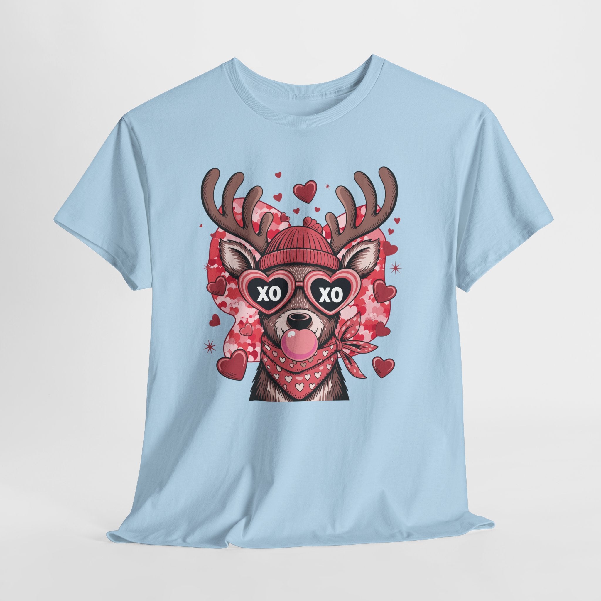Valentine Deer Tee — Cute XO Heart Glasses, Beanie & Scarf Unisex Cotton Tshirt