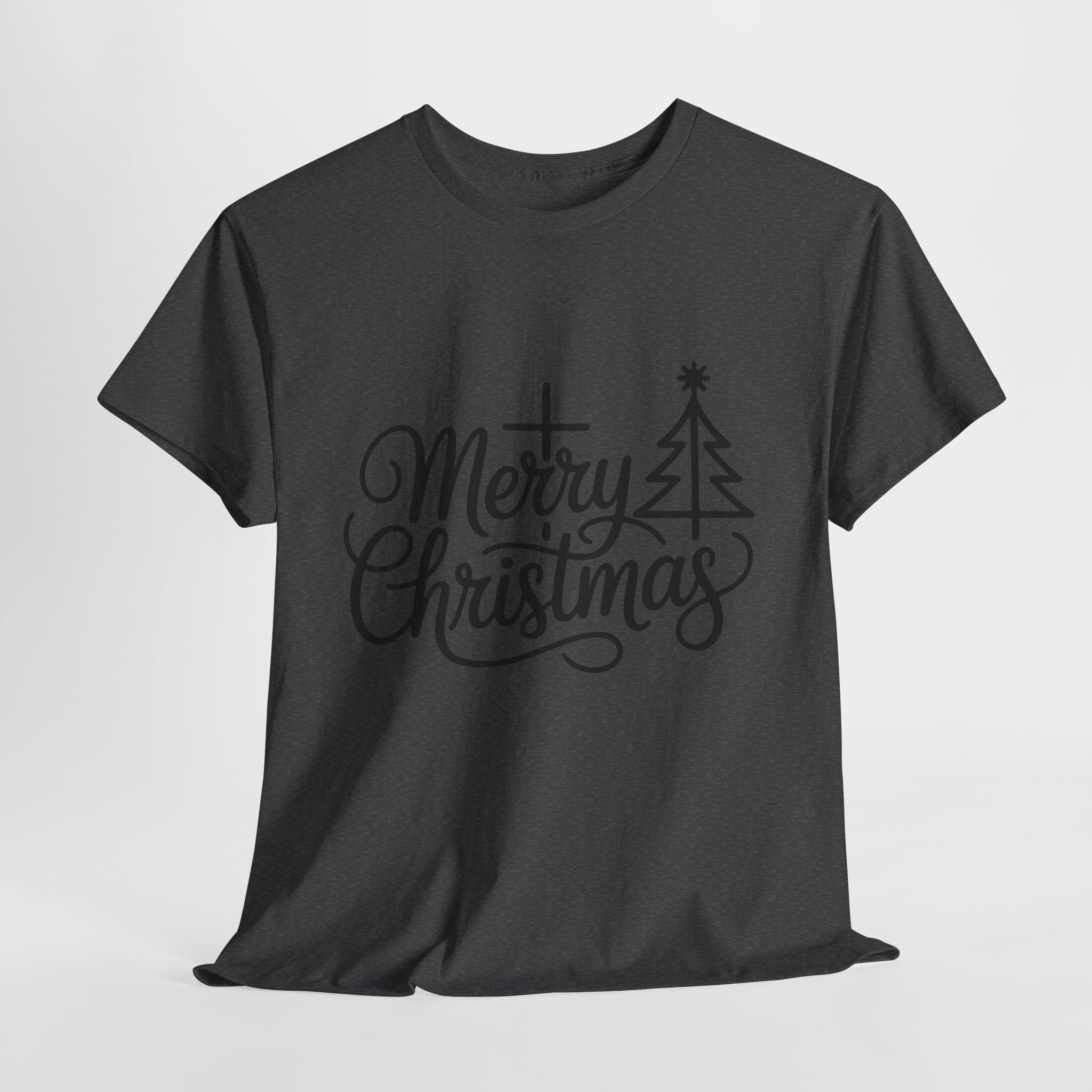 Merry Christmas Script T-Shirt with Cross & Tree(Unisex Cotton Tee)
