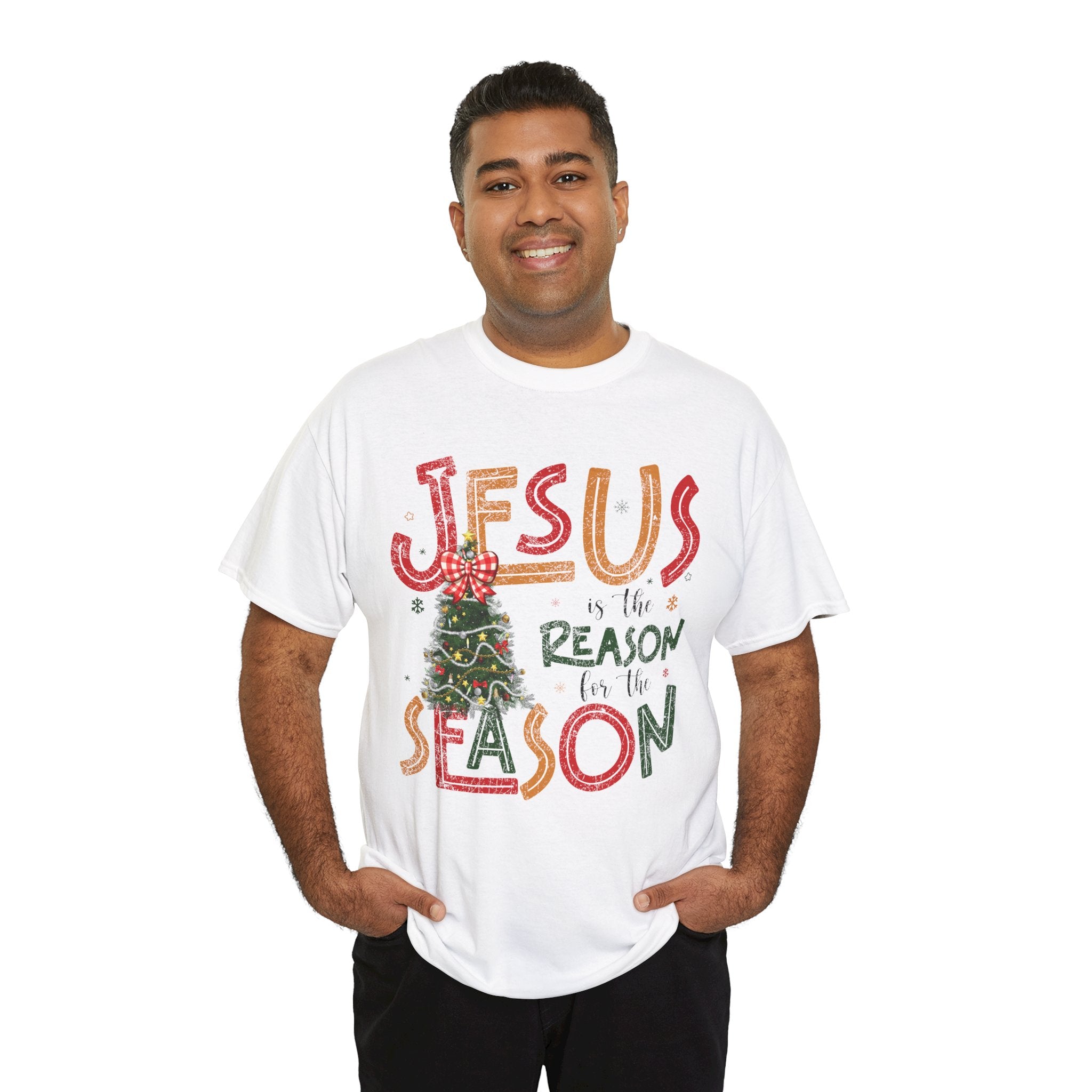 Jesus Is the Reason for the Season Christmas T-Shirt — Plaid Bow Tree..Unisex Cotton Tee