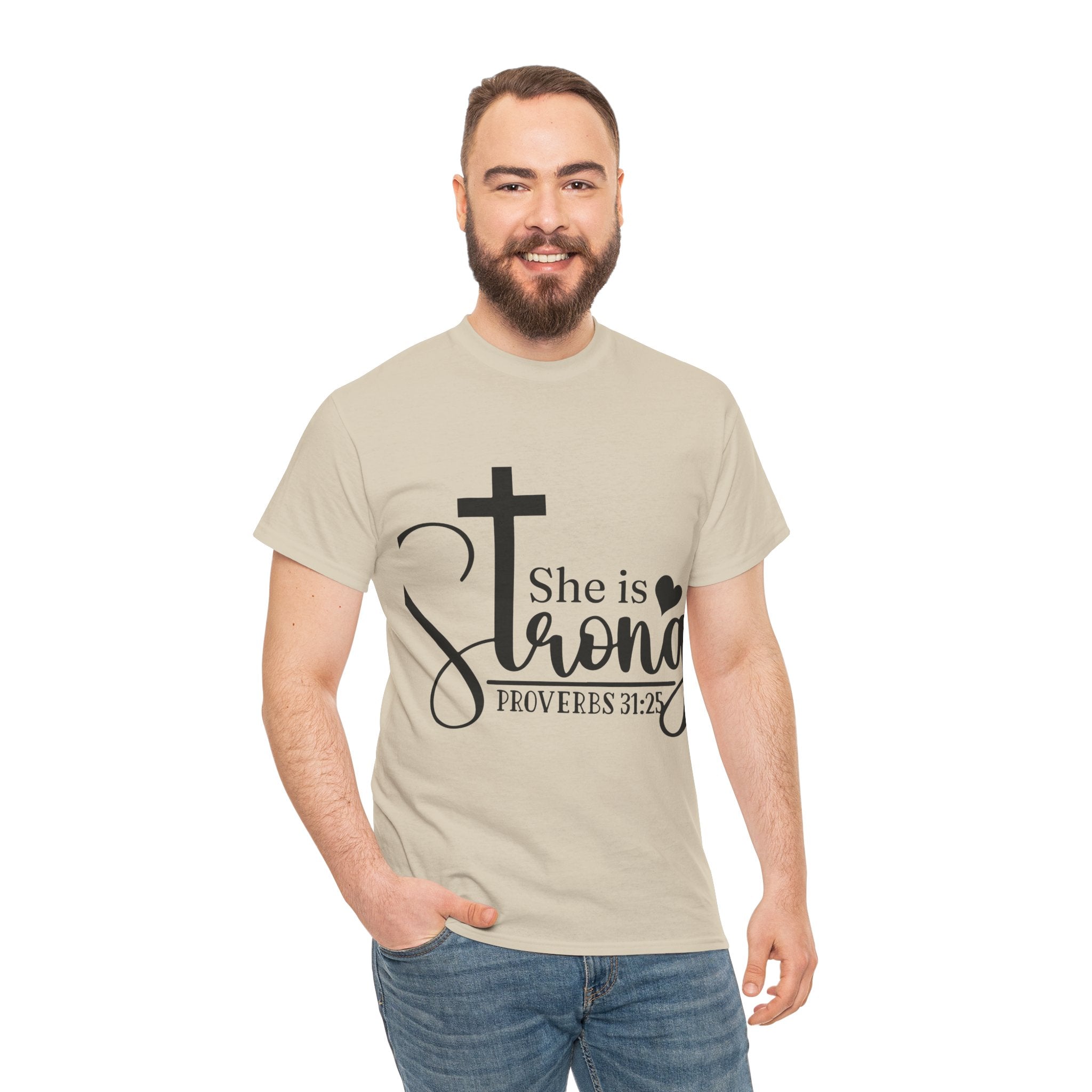 Proverbs 31:25 'She is Strong' T-Shirt – Christian Cross & Heart Unisex Cotton Tee