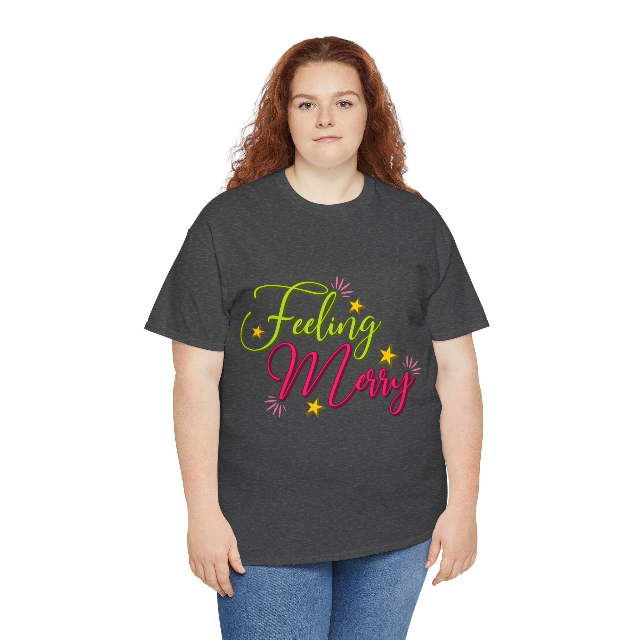 Feeling Merry T-Shirt — Bright Green & Pink Holiday Tee with Stars.Unisex Cotton Tee