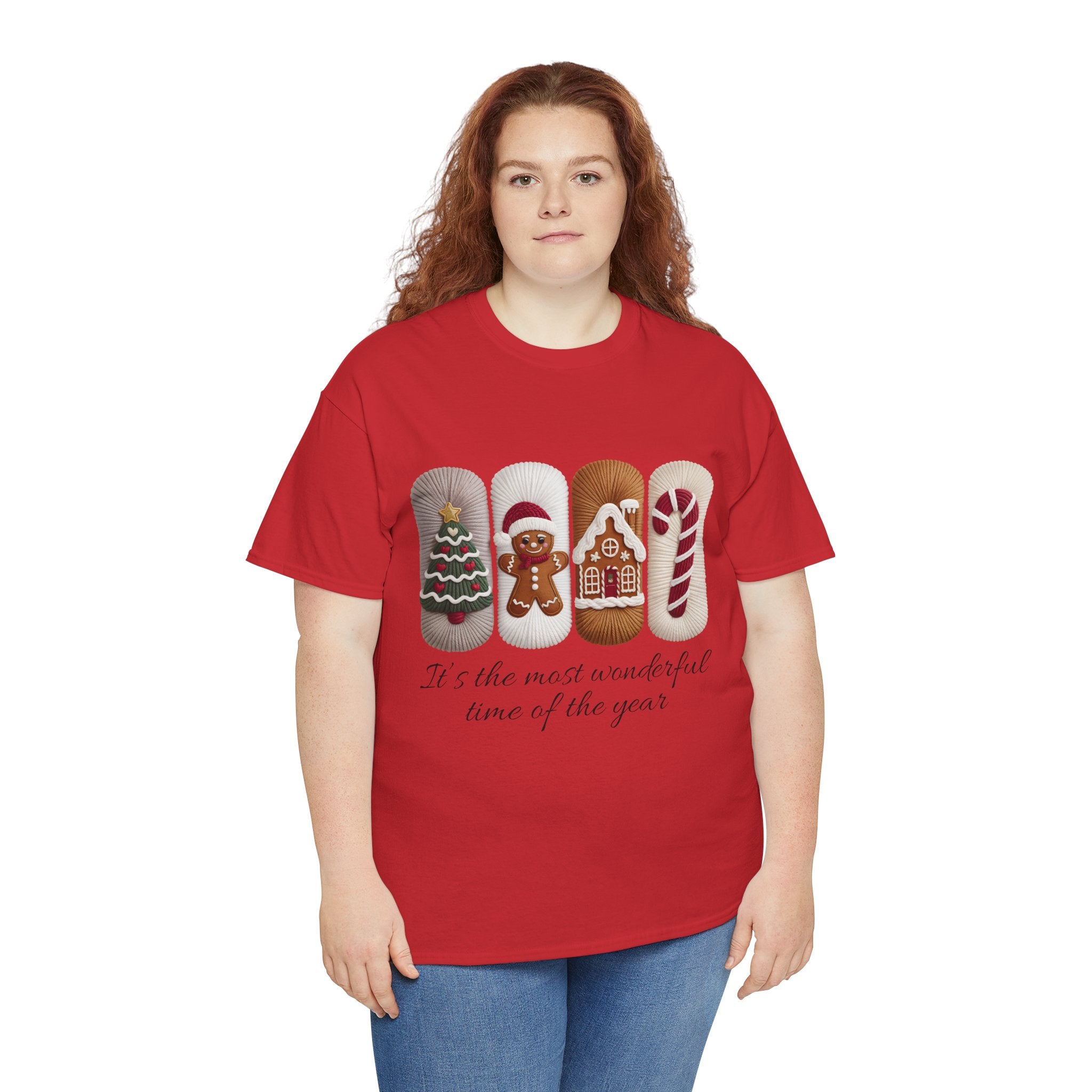 Christmas Faux-Yarn Tree Tee — Gingerbread House & Candy Cane Holiday Unisex Cotton T-Shirt