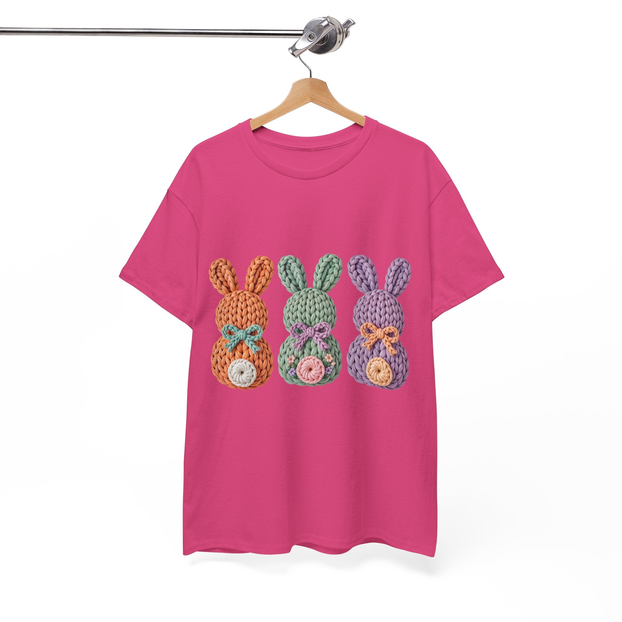 Pastel Crochet Bunny Tee — Trio of Faux Knit Bunnies with Bows & Flowers Unisex Cotton Tee