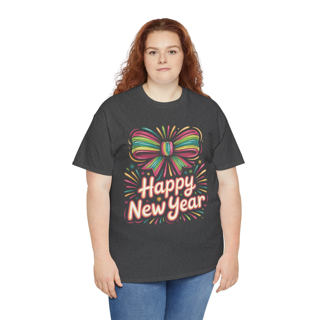 Happy New Year Pastel Tee — Rainbow Bow & Fireworks Celebration Unisex Cotton Tshirt