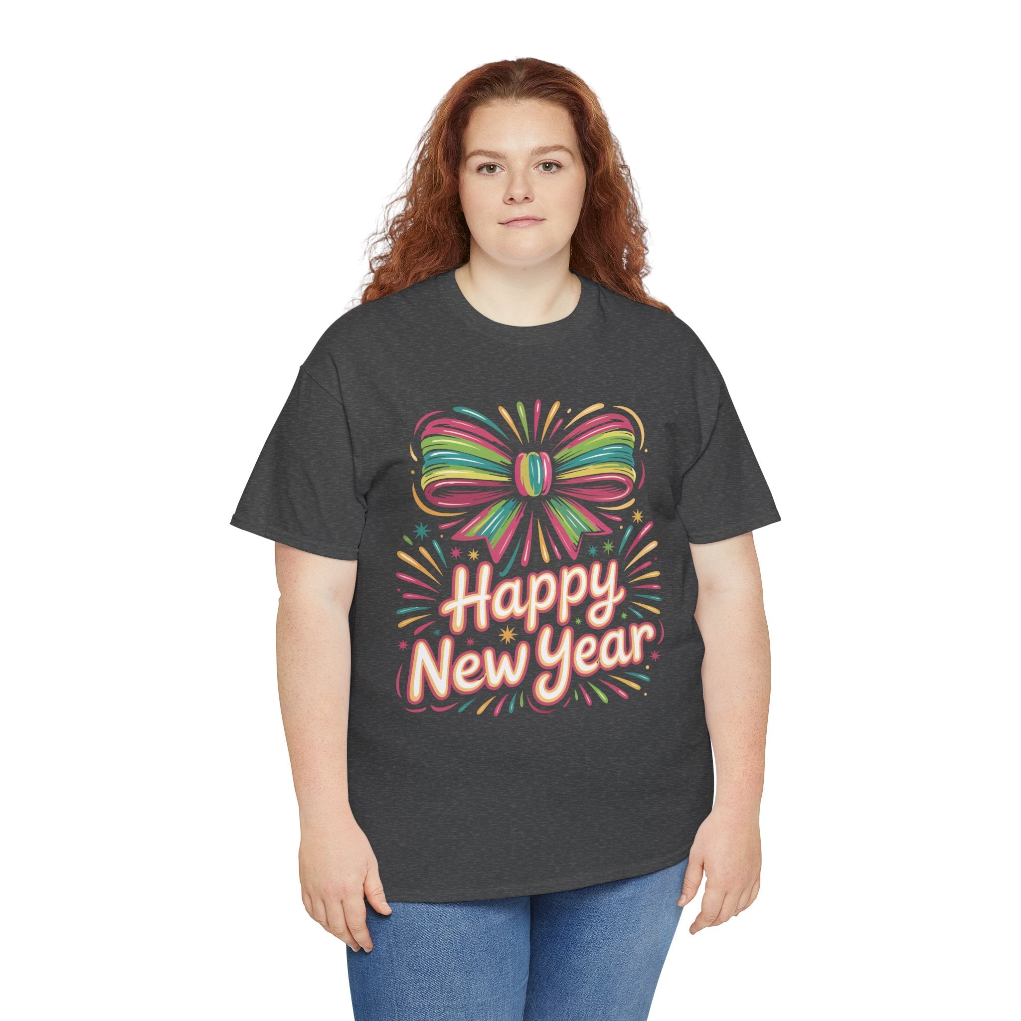 Happy New Year Pastel Tee — Rainbow Bow & Fireworks Celebration Unisex Cotton Tshirt