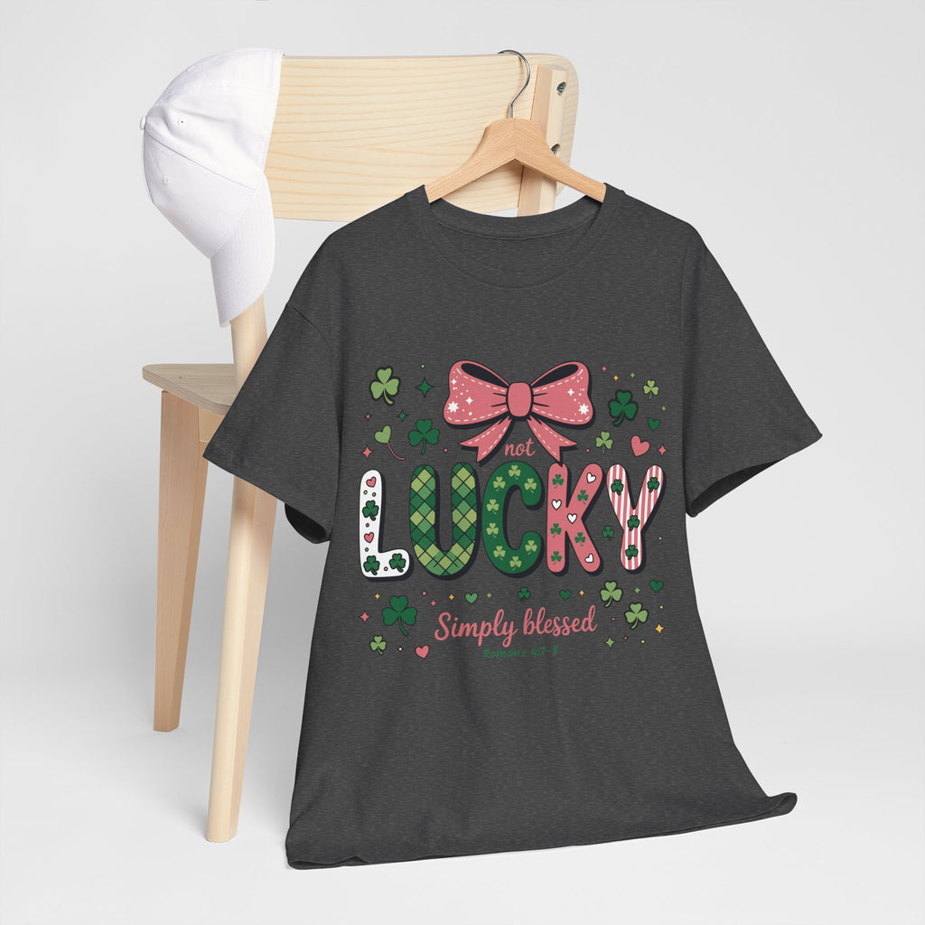 Simply Blessed Tee — “Not Lucky, Simply Blessed” with Pastel Bow, Clovers & Romans 4:7-8 Unisex Cotton Tee