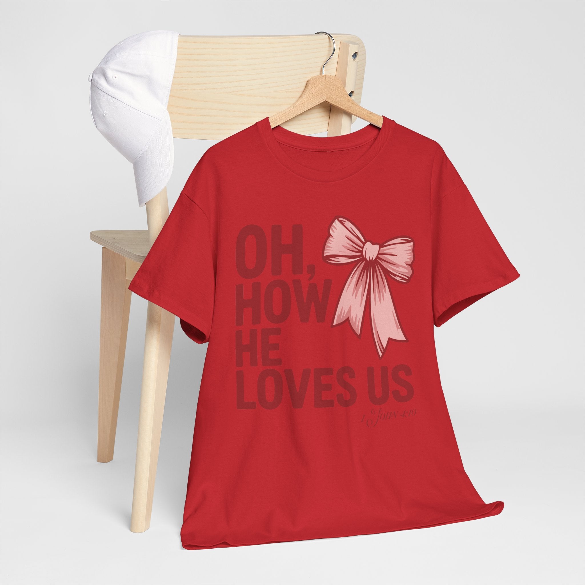 Oh, How He Loves Us Christian Valentine Tee — 1 John 4:10 Red & Pink Unisex Cotton Tee
