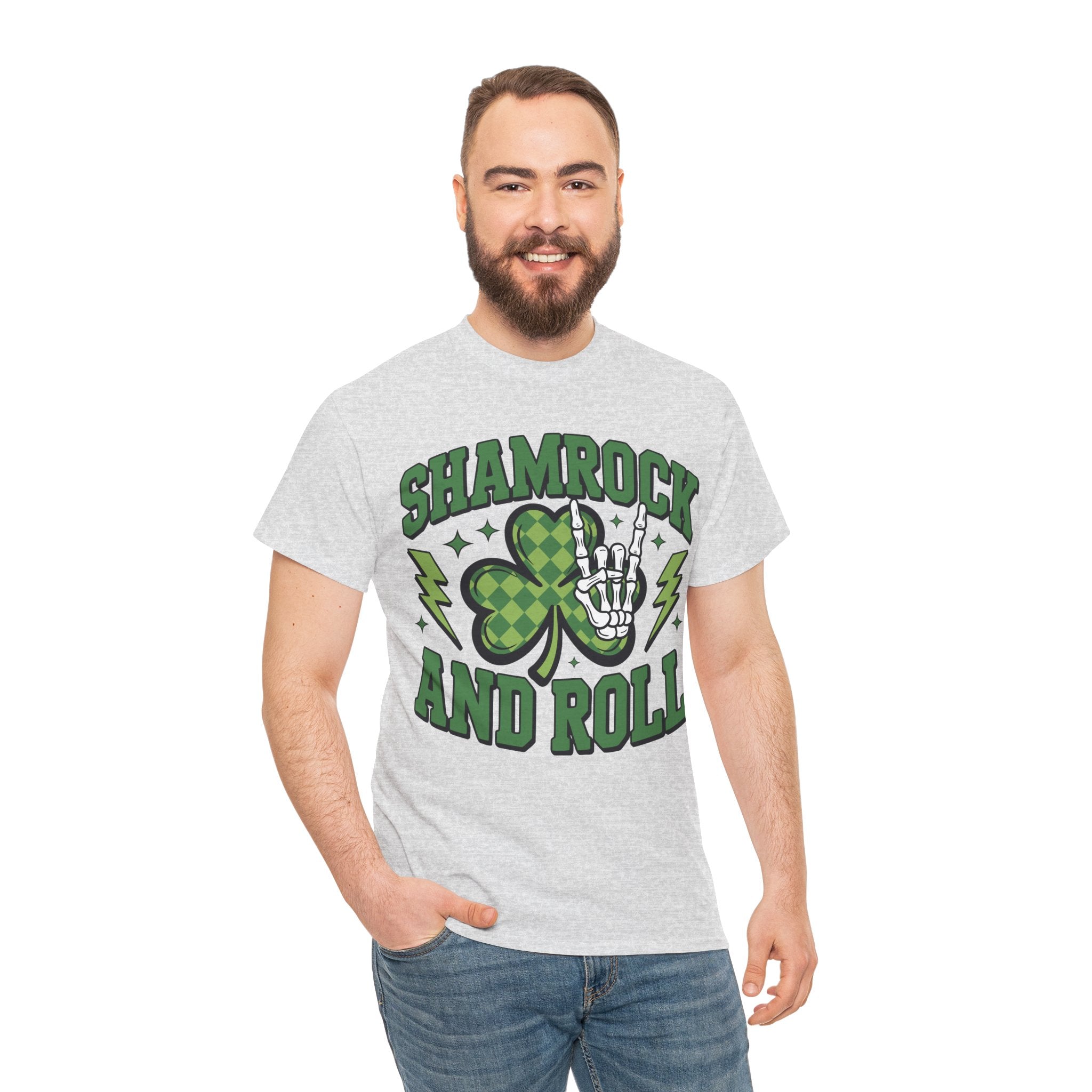 Shamrock and Roll Tee — Skeleton Hand & Lightning St. Patrick’s Rock Unisex Cotton Shirt