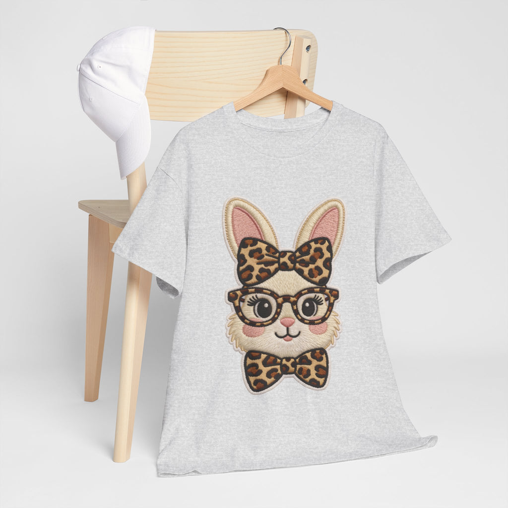 Leopard Bow Bunny Embroidered Tee — Cute Bunny Face with Glasses Patch Unisex Cotton Tee