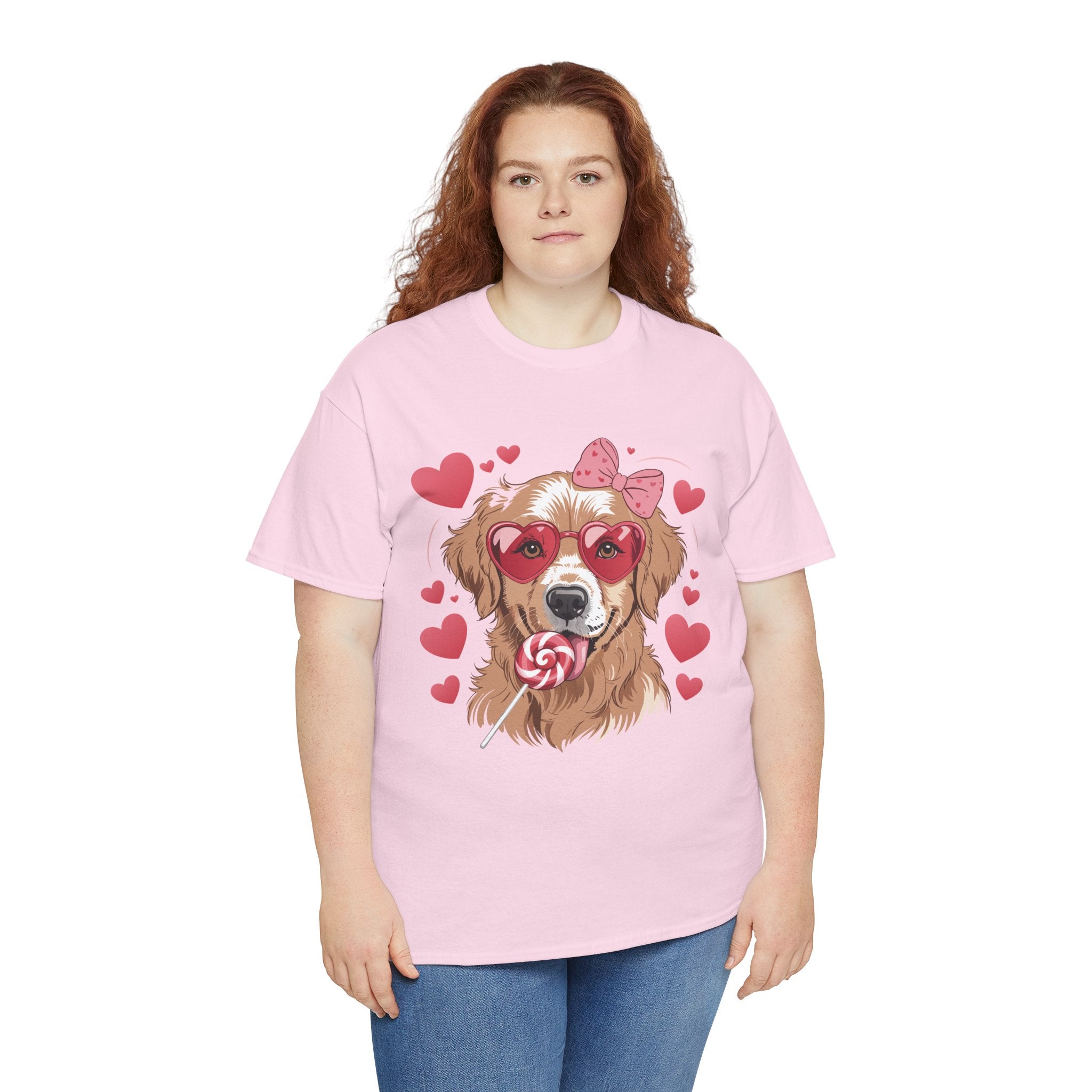 Valentine Dog T-Shirt — Cute Pup with Heart Glasses, Pink Bow & Lollipop..Unisex Cotton Tee
