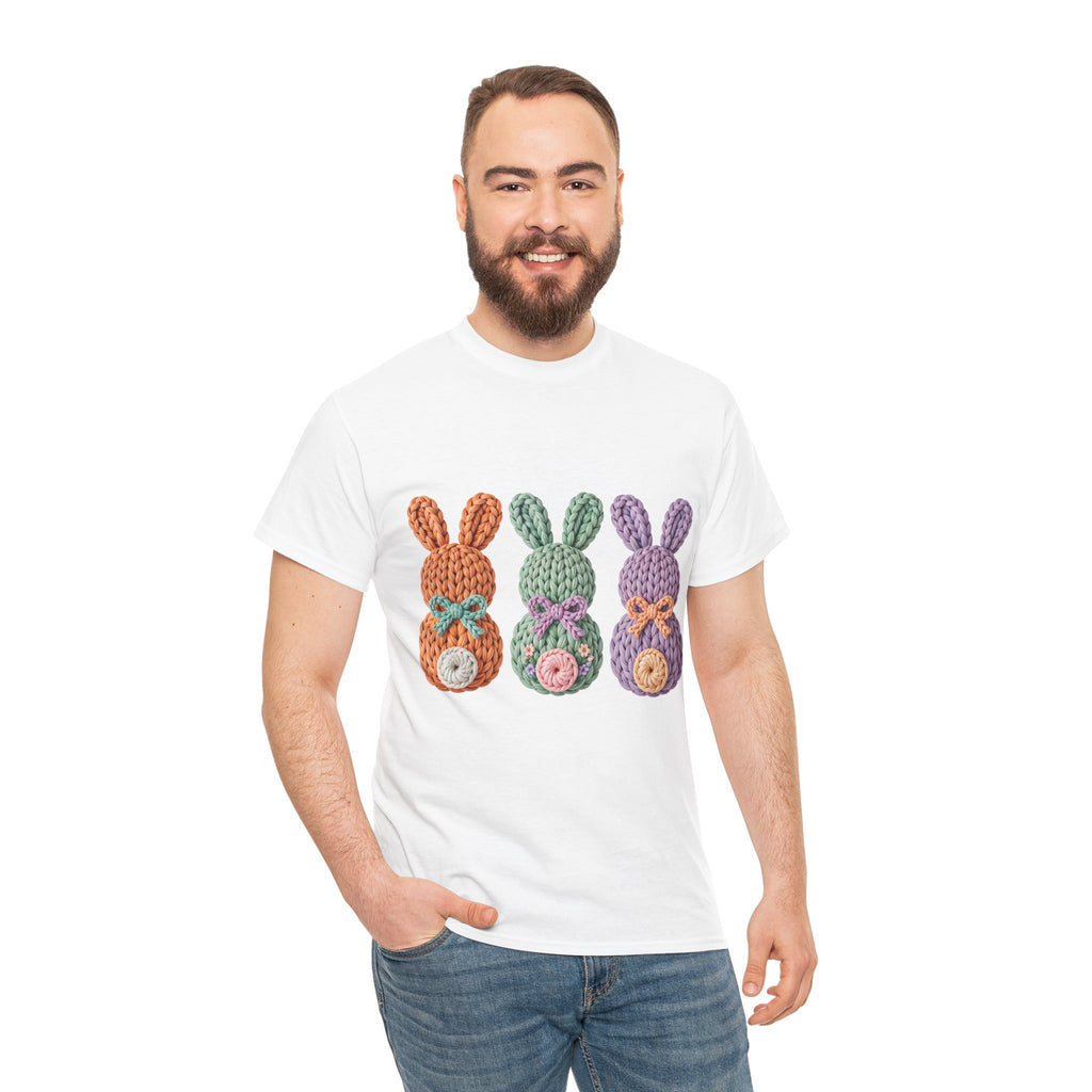 Pastel Crochet Bunny Tee — Trio of Faux Knit Bunnies with Bows & Flowers Unisex Cotton Tee