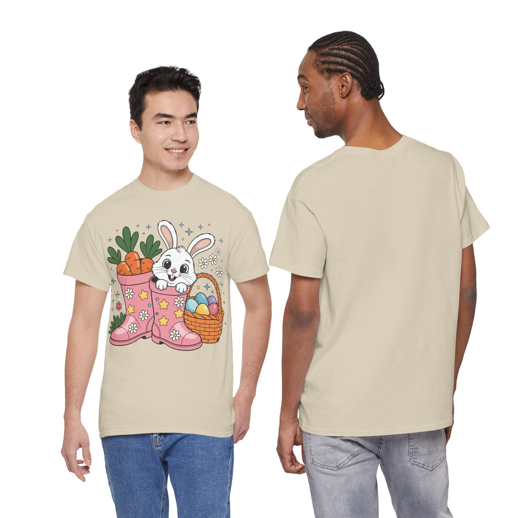 Easter Bunny in Pink Rain Boots T-Shirt — Cartoon Bunny, Carrots & Colorful Eggs Unisex Cotton Tee
