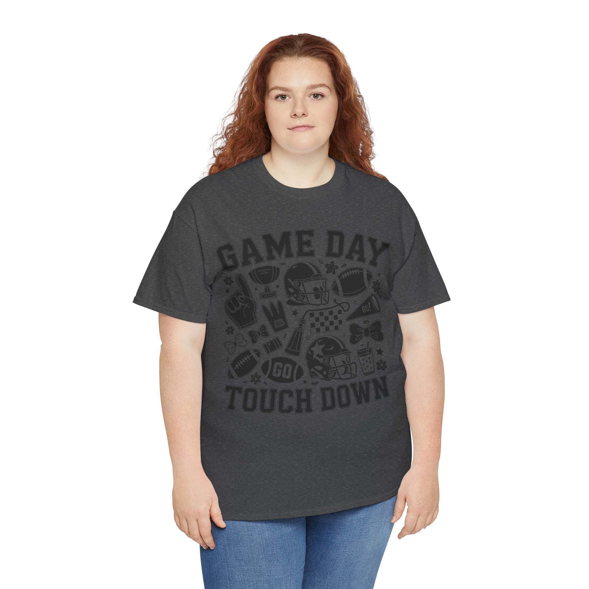 Game Day Touch Down Football T‑Shirt — Helmet & Cheer Monochrome Design Unisex Cotton Tee