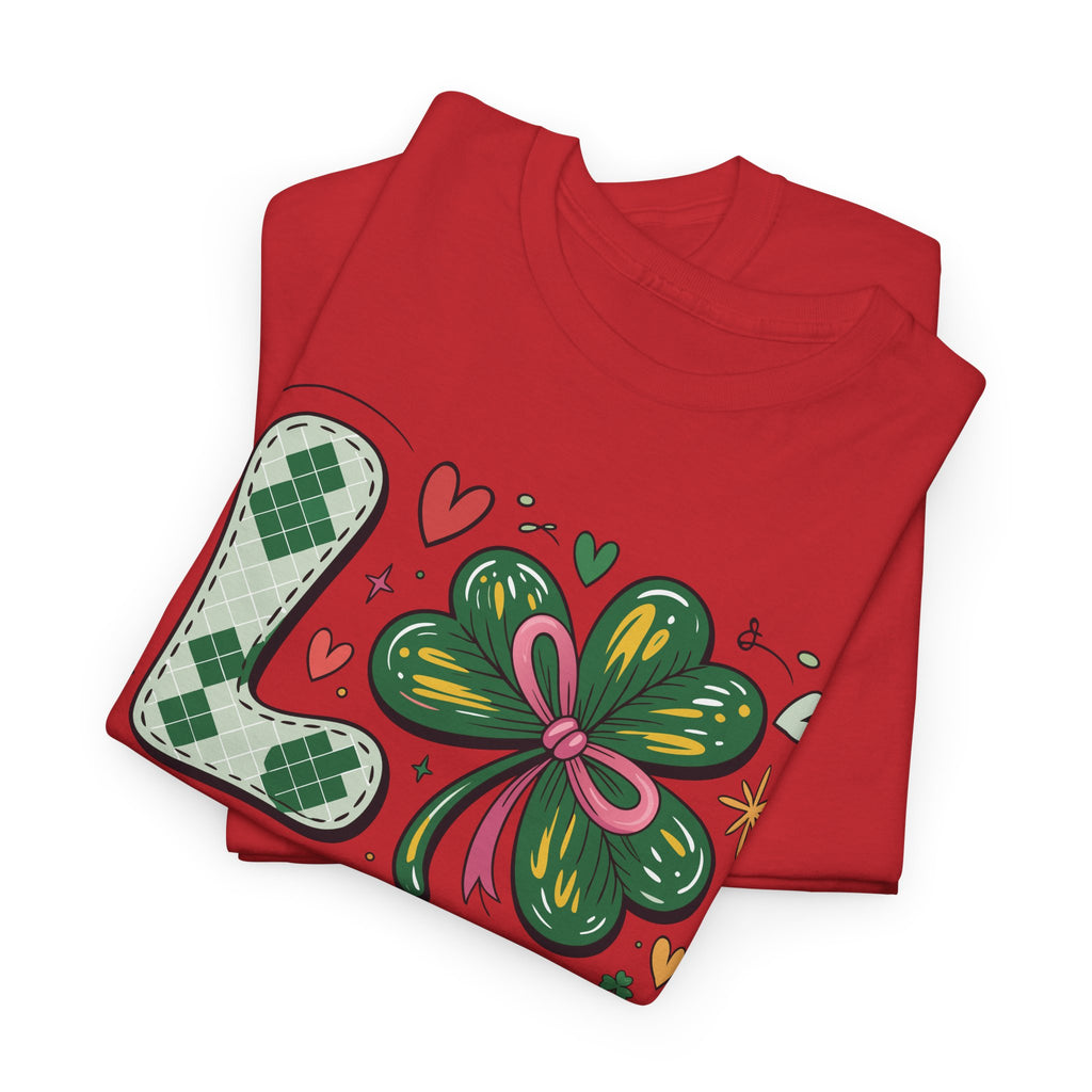 Stitched Clover 'LOVE' Tee — Heart & Patchwork St. Patrick's Unisex Cotton T-Shirt