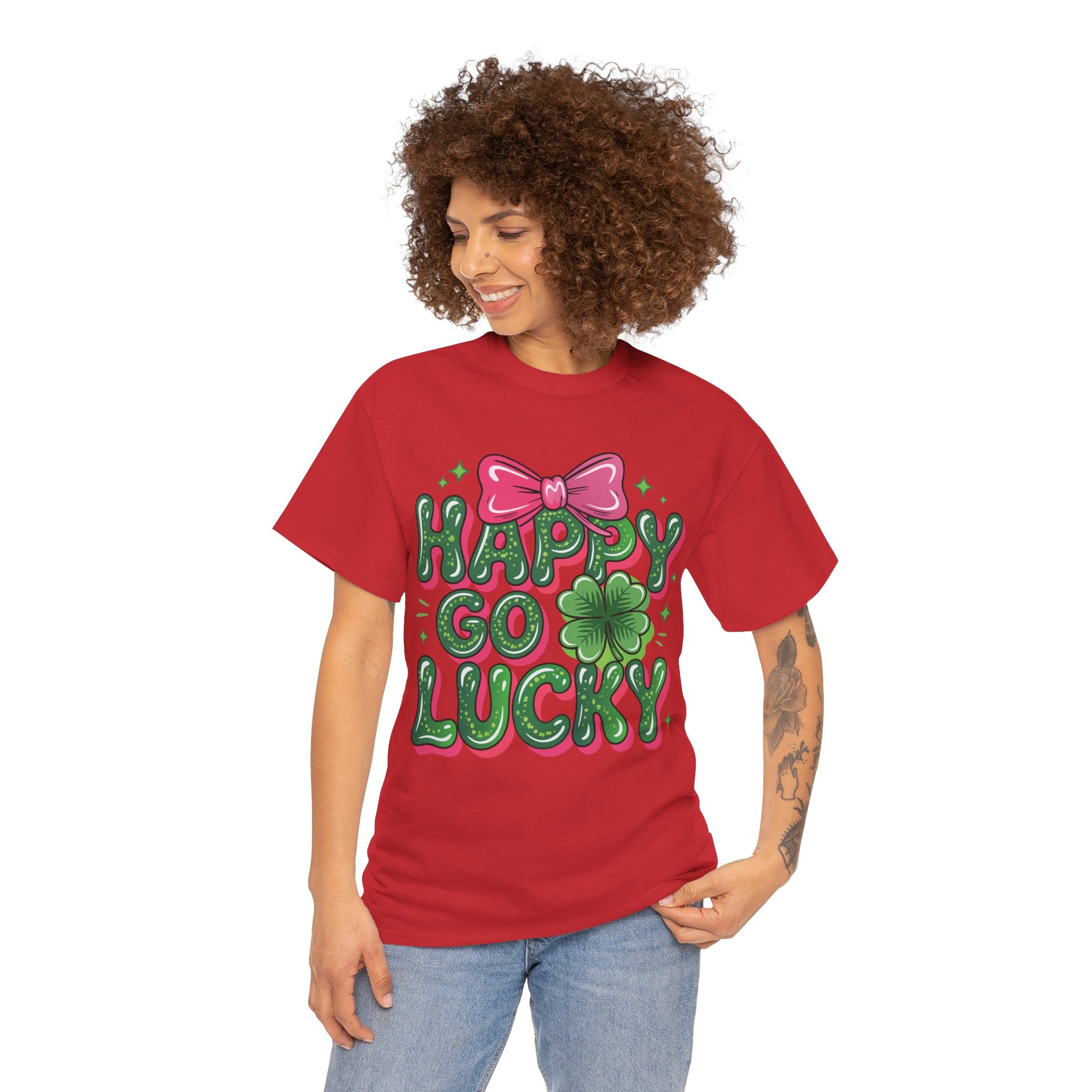 Happy Go Lucky Four-Leaf Clover Tee — Glossy Green Letters & Pink Bow Unisex Cotton Tee