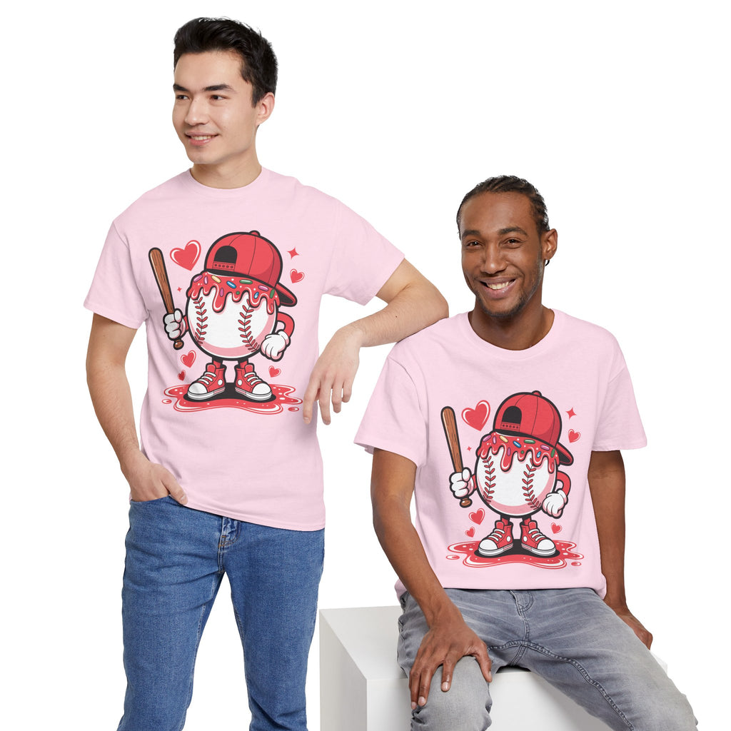 Cute Baseball Character T-Shirt — Red Cap & Icing Top Graphic with Hearts Unisex Cotton Tee