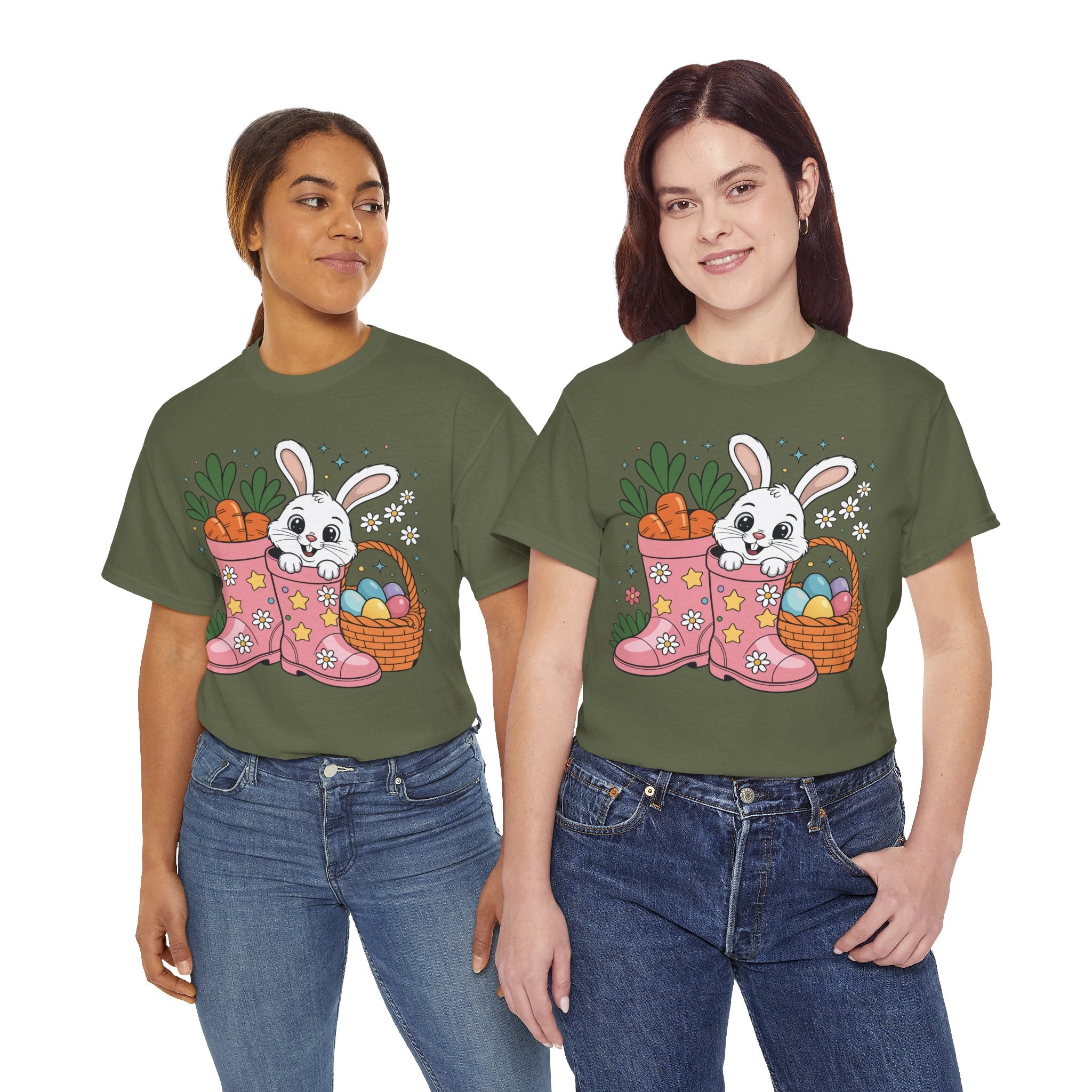 Easter Bunny in Pink Rain Boots T-Shirt — Cartoon Bunny, Carrots & Colorful Eggs Unisex Cotton Tee