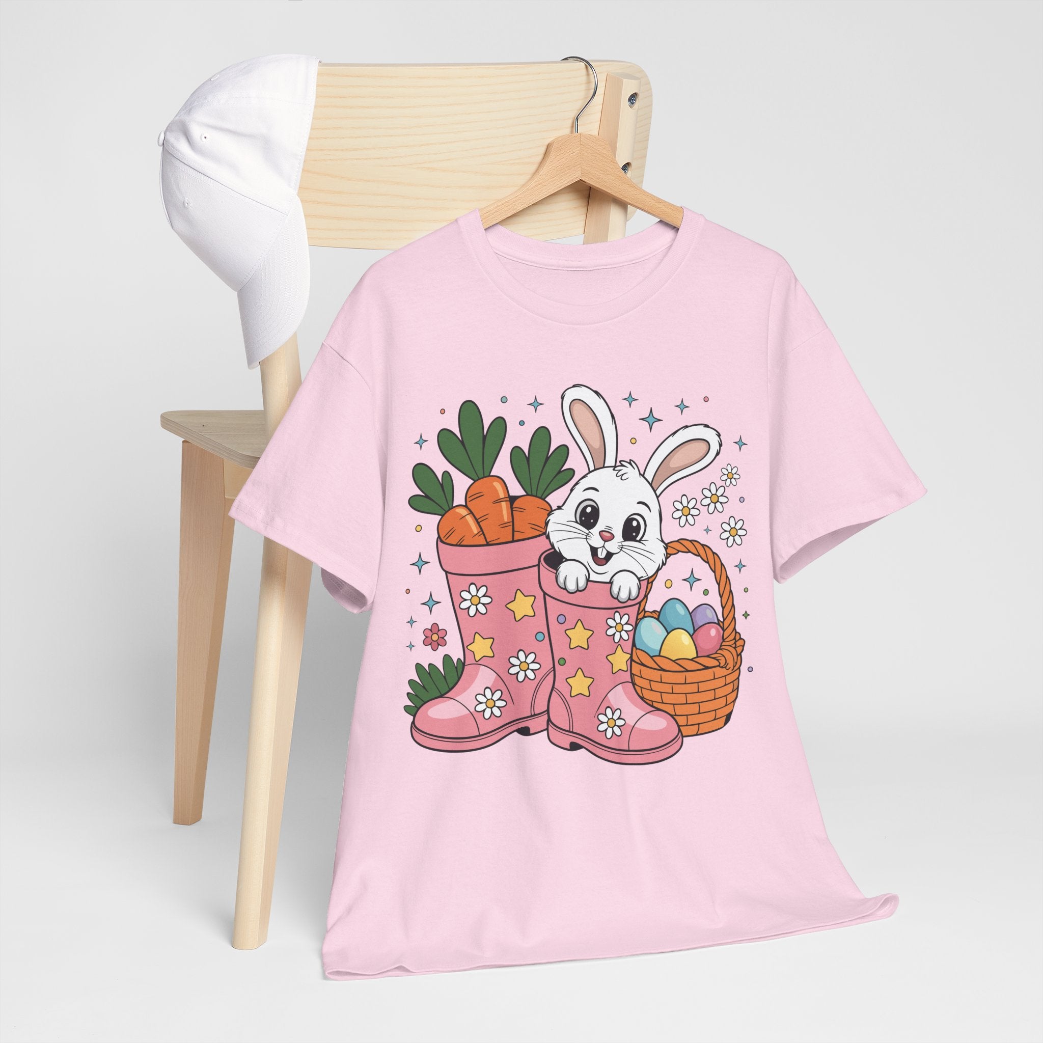 Easter Bunny in Pink Rain Boots T-Shirt — Cartoon Bunny, Carrots & Colorful Eggs Unisex Cotton Tee