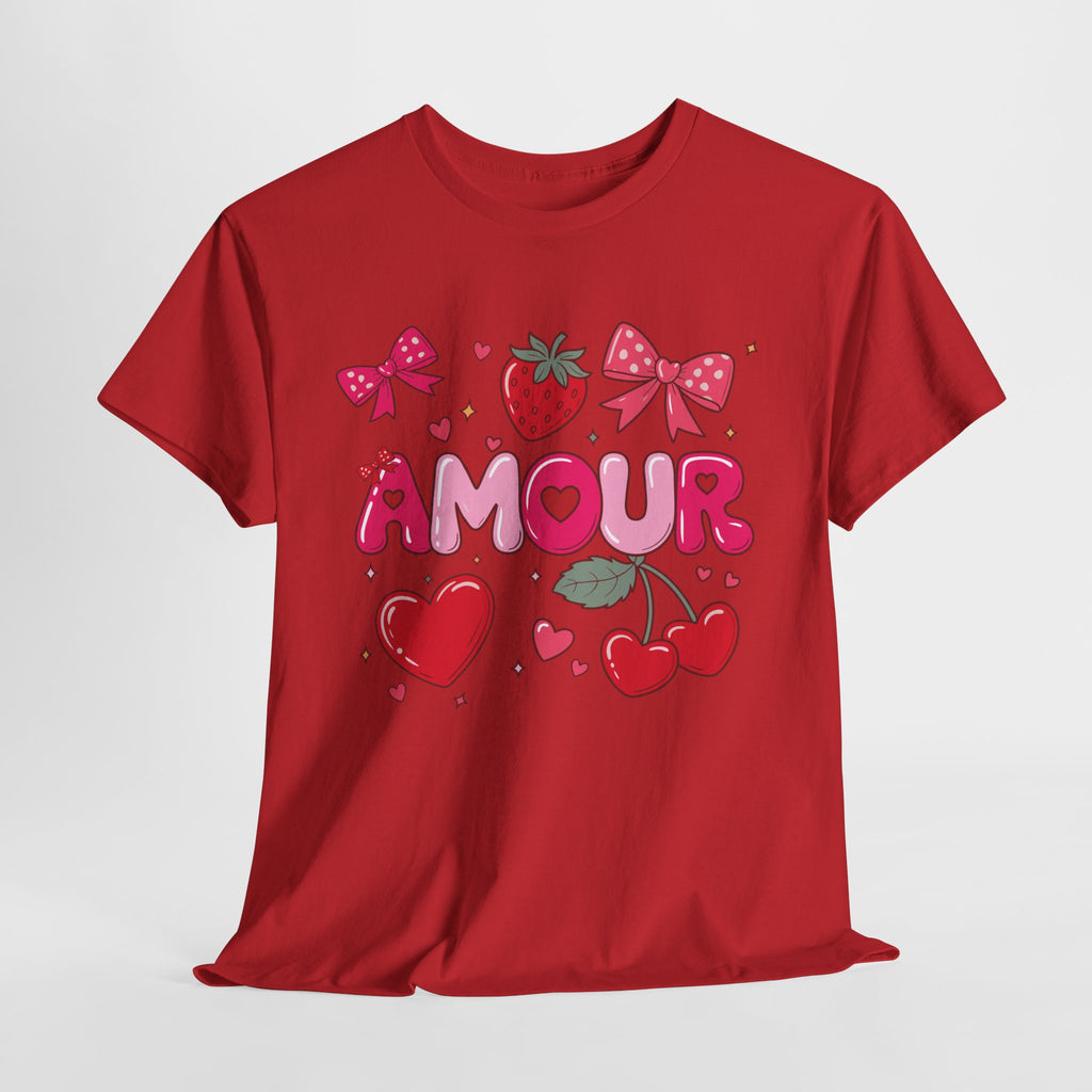 Amour Pink Hearts Tee — Shiny Lettering with Bows, Cherries & Strawberry Accent...Unisex Cotton Tee