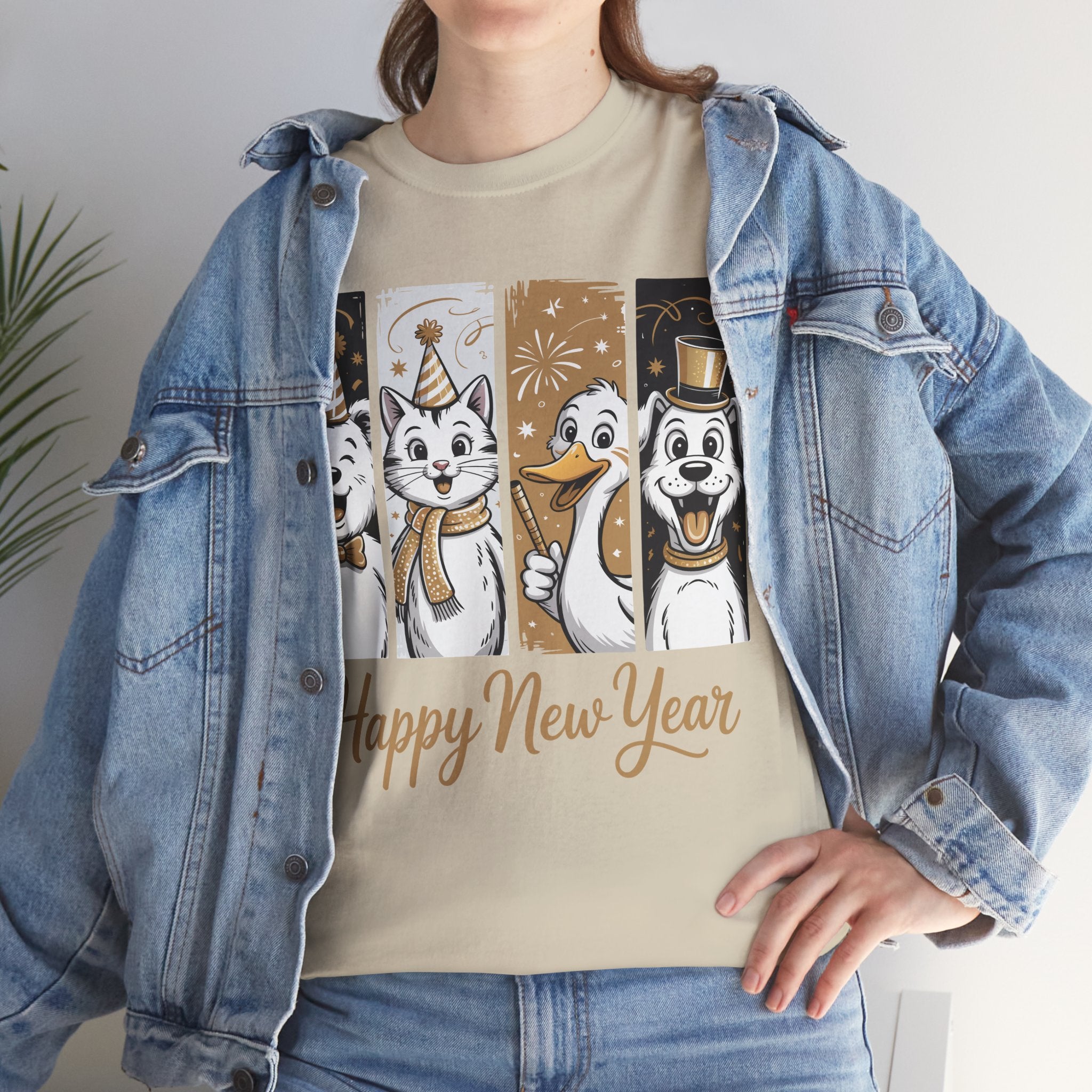 Happy New Year Party Animals T-Shirt — Cute Smiling Animals in Party Hats & Gold Fireworks..Unisex Cotton Tee