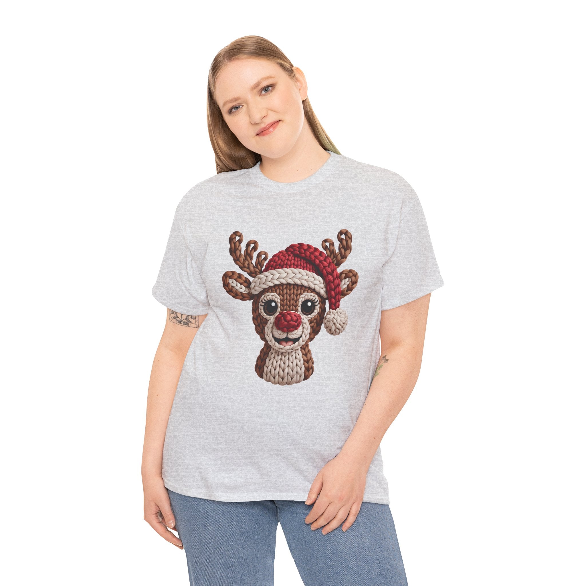 Reindeer in Santa Hat Cotton Tee — Joyful Faux-Yarn Holiday Unisex Coton T-Shirt