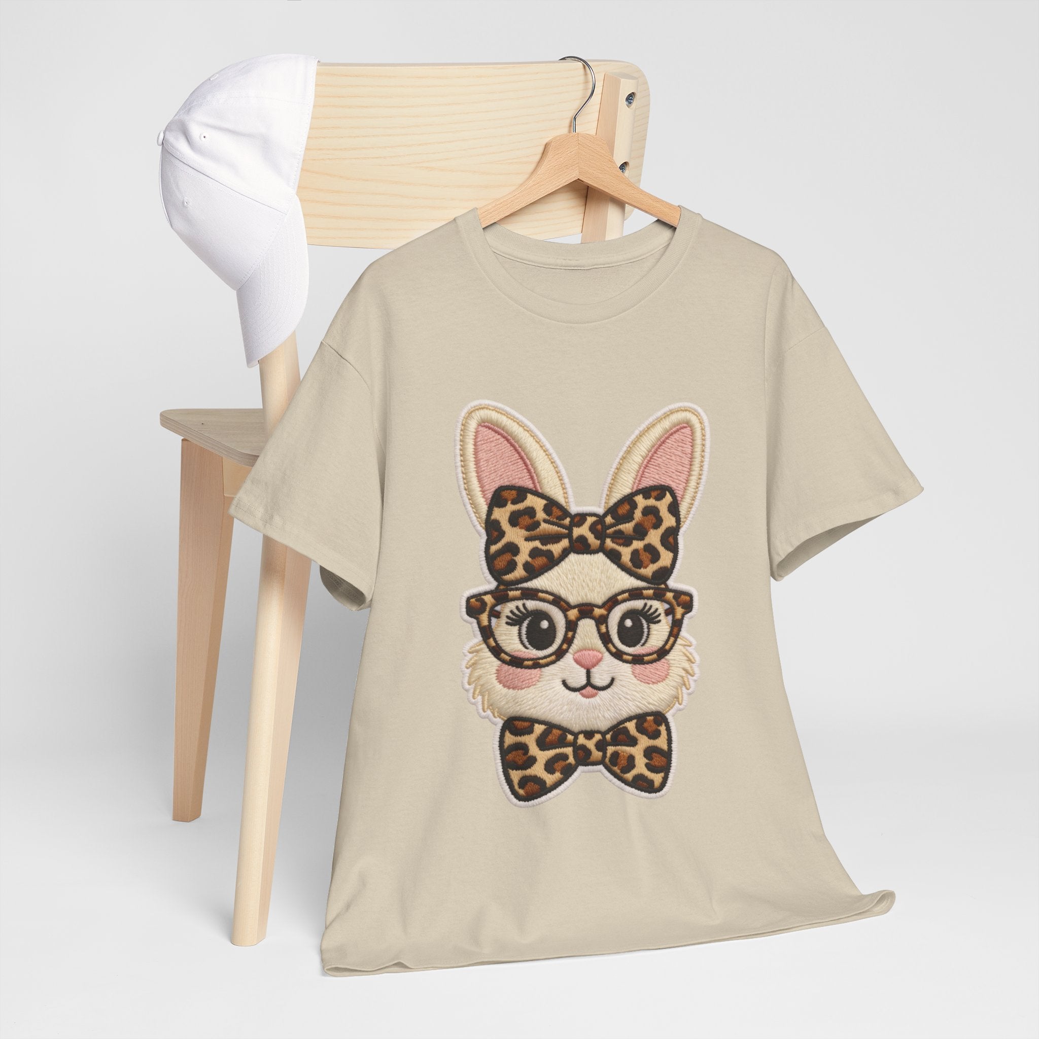 Leopard Bow Bunny Embroidered Tee — Cute Bunny Face with Glasses Patch Unisex Cotton Tee