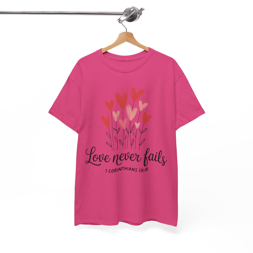 Christian Valentine T-Shirt — "Love Never Fails" (1 Corinthians 13:8) Unisex Cotton Tee