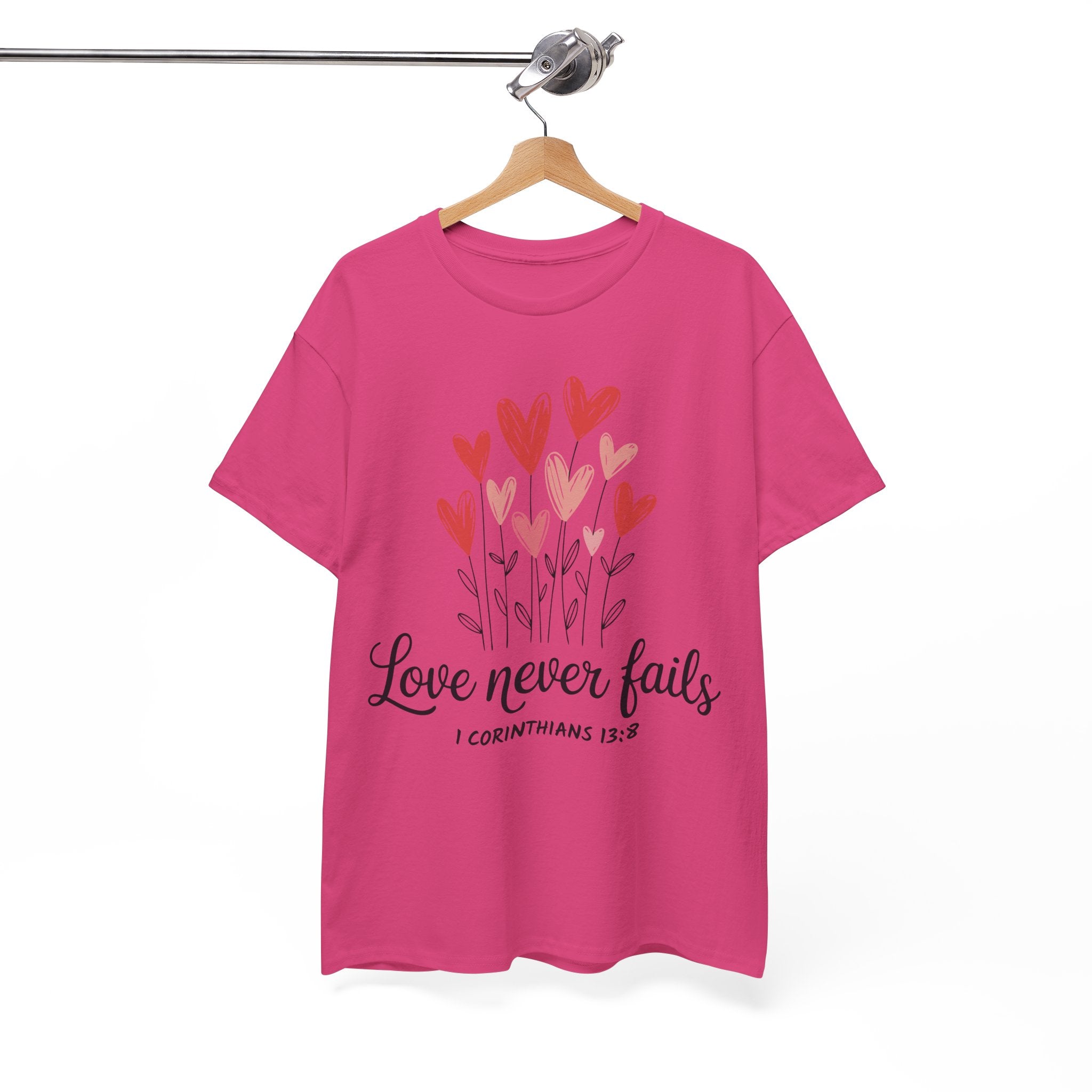 Christian Valentine T-Shirt — "Love Never Fails" (1 Corinthians 13:8) Unisex Cotton Tee
