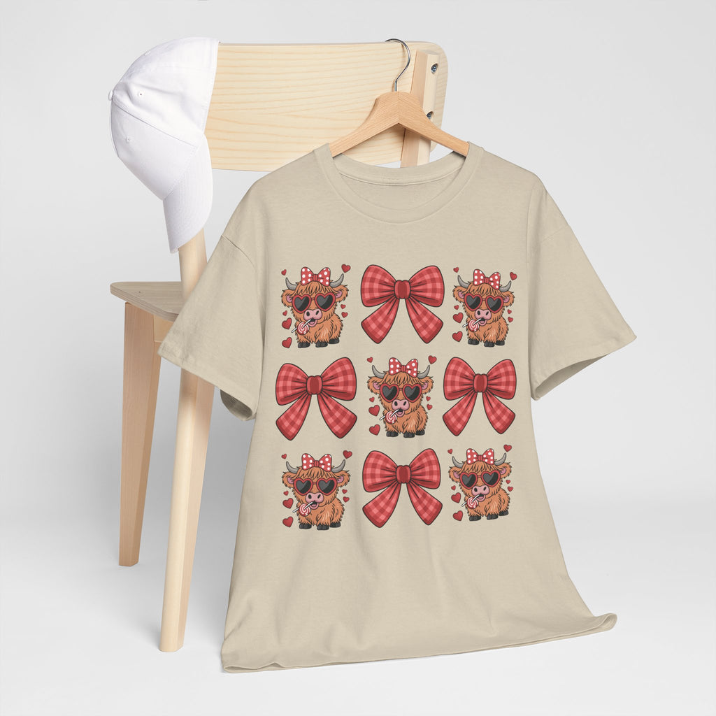 Valentine Cow Checkered Tee — Fluffy Cows with Heart Sunglasses & Red Bows..Unisex Cotton Tee