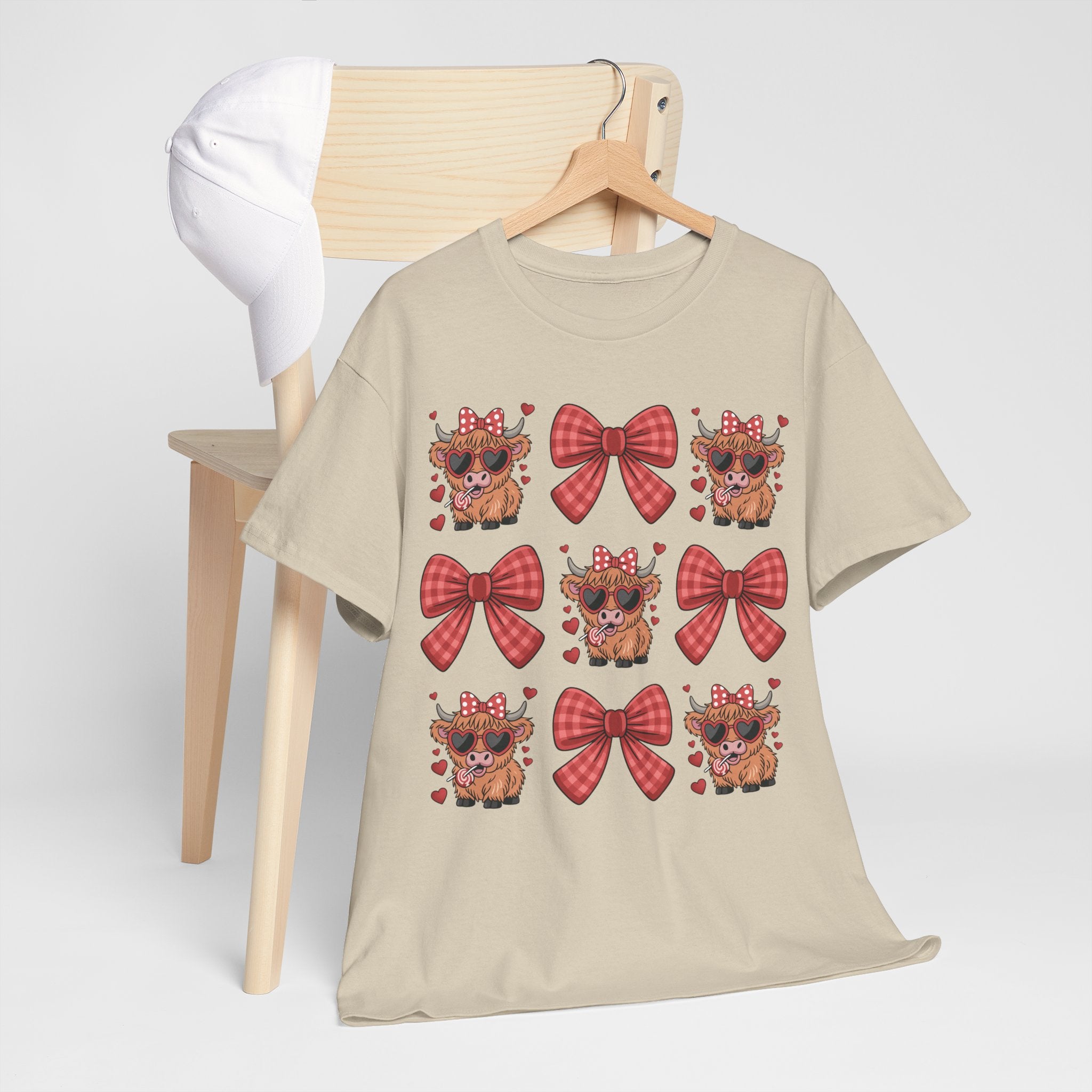 Valentine Cow Checkered Tee — Fluffy Cows with Heart Sunglasses & Red Bows..Unisex Cotton Tee
