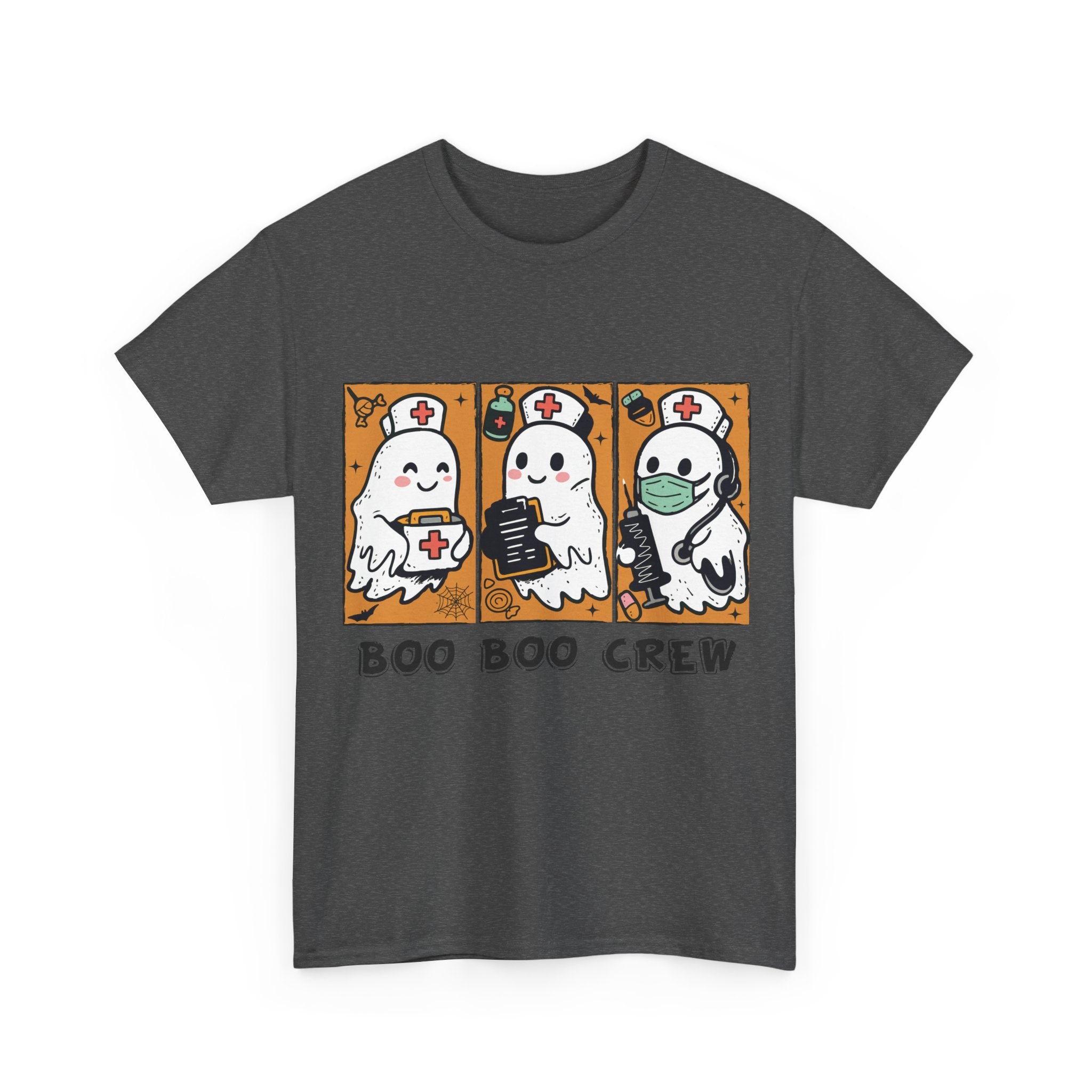 Halloween Nurse T-Shirt — Ghost Nurses Holding Medical Tools on Orange Unisec Cotton Tee