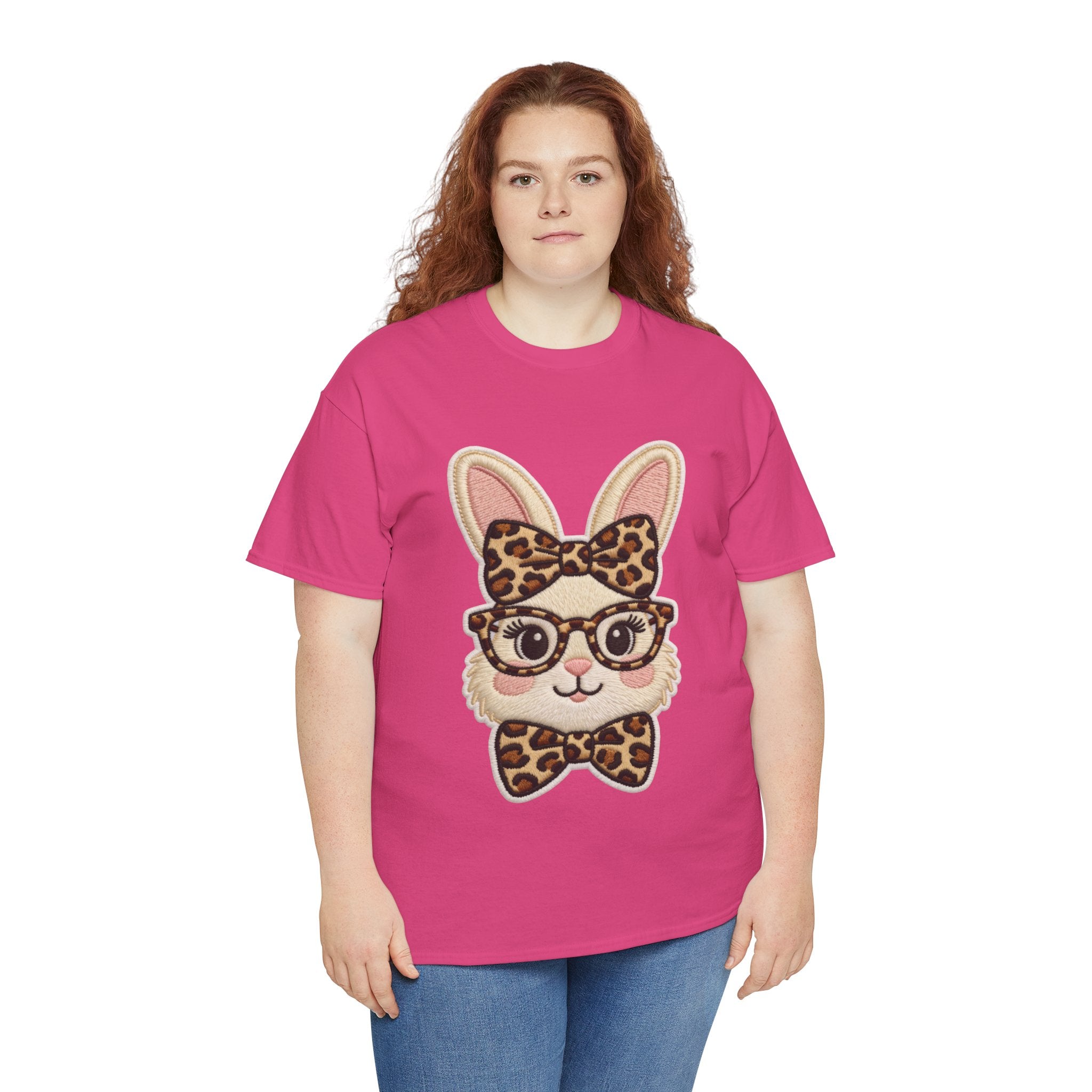 Leopard Bow Bunny Embroidered Tee — Cute Bunny Face with Glasses Patch Unisex Cotton Tee