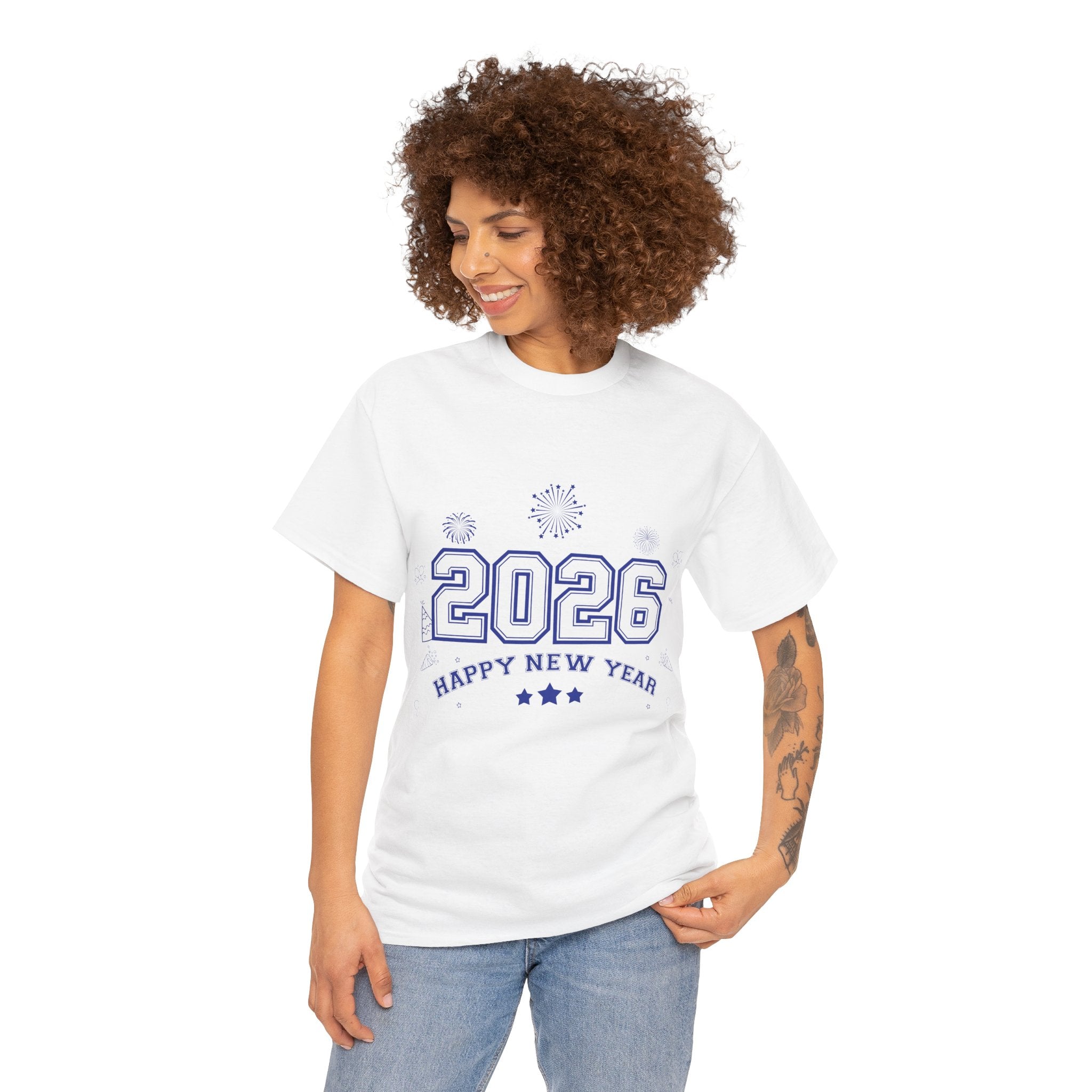 Happy New Year 2026 Varsity Tee — Fireworks & Confetti Celebration Unisex Cotton Tee