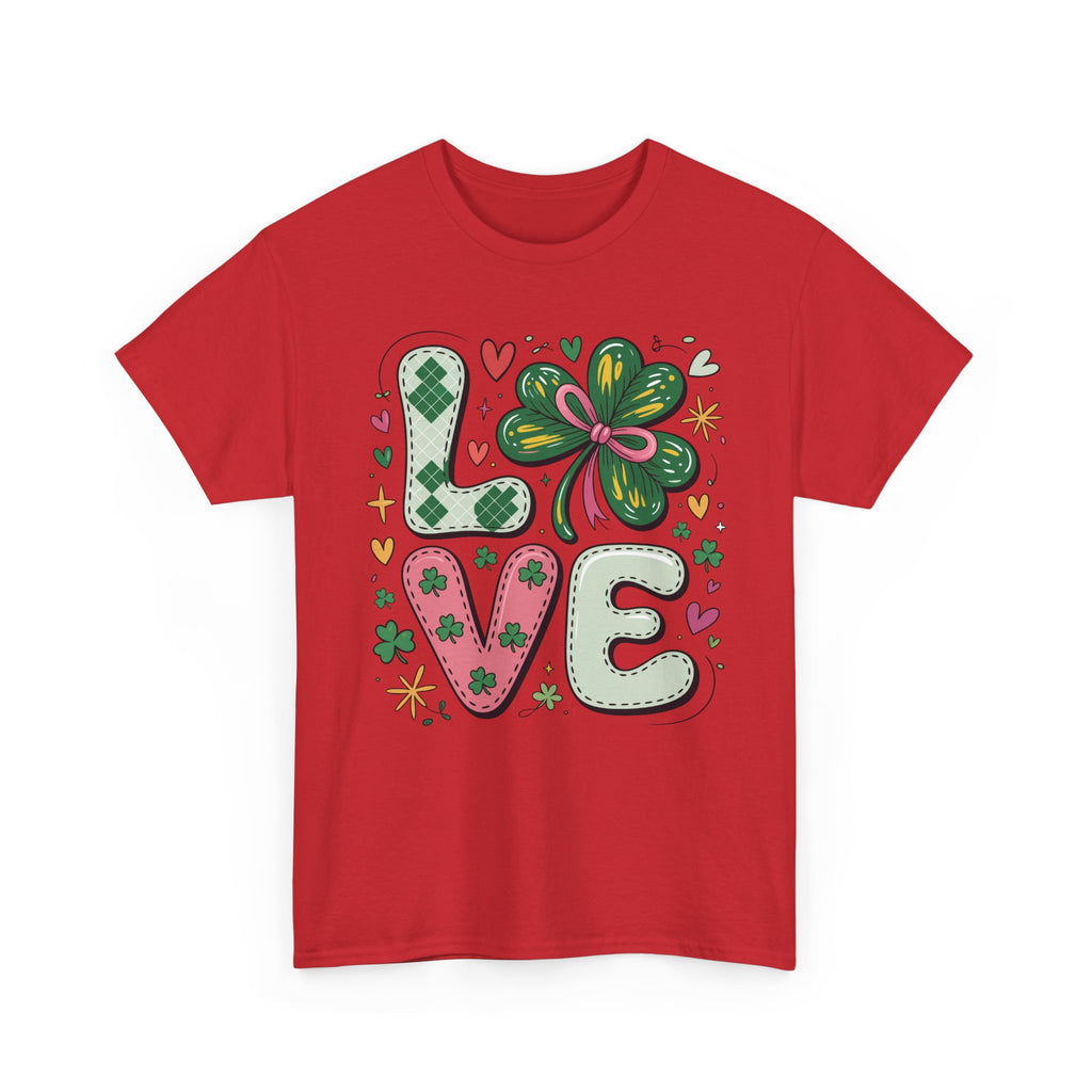Stitched Clover 'LOVE' Tee — Heart & Patchwork St. Patrick's Unisex Cotton T-Shirt