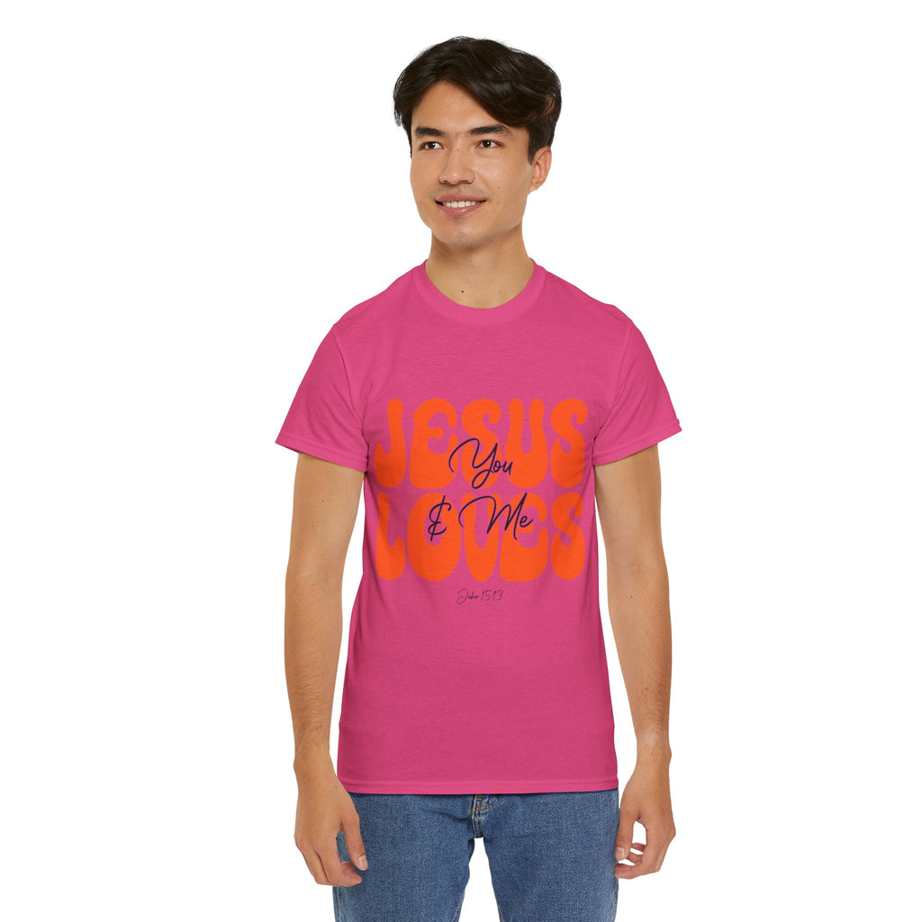 Jesus Loves You & Me Retro Tee — Playful Orange Bubbly Christian Unisex Cotton T-Shirt