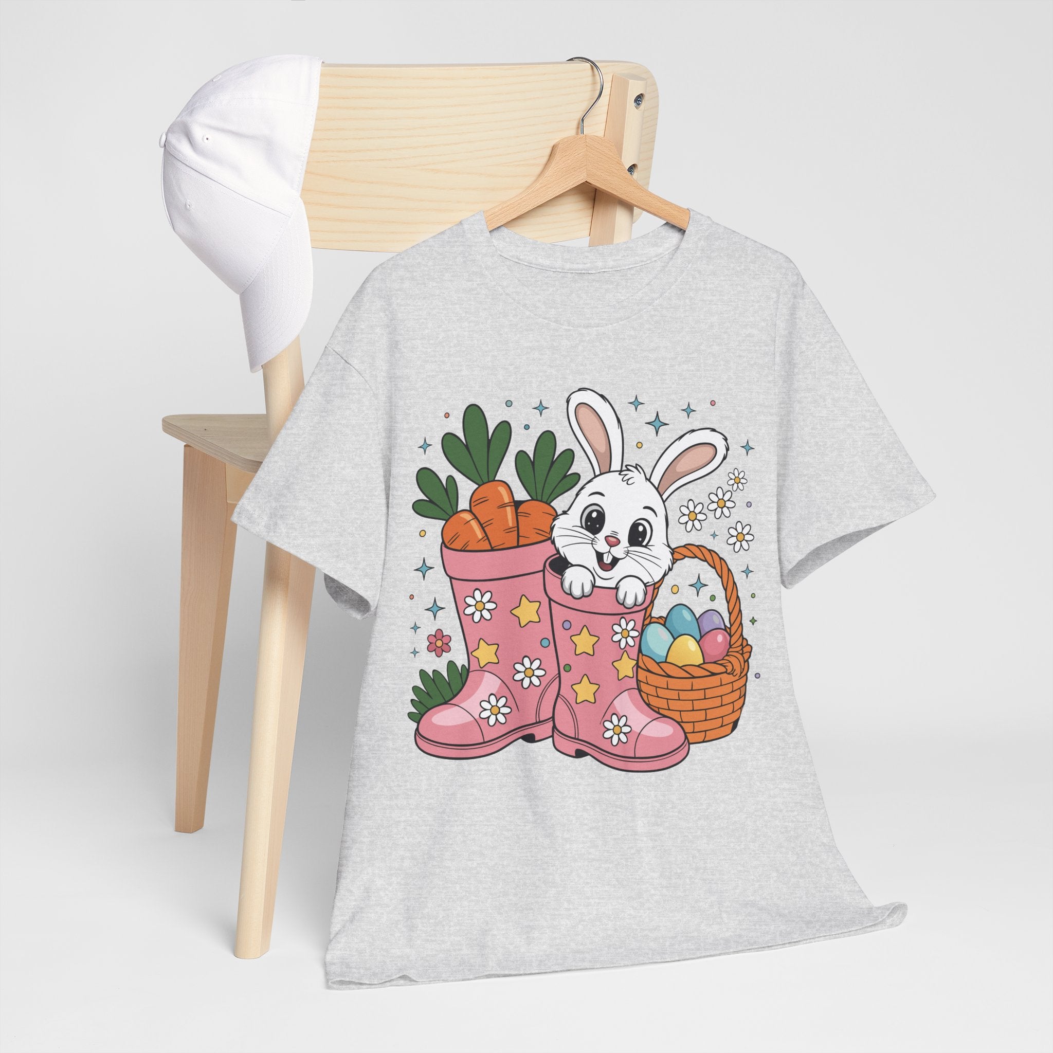 Easter Bunny in Pink Rain Boots T-Shirt — Cartoon Bunny, Carrots & Colorful Eggs Unisex Cotton Tee