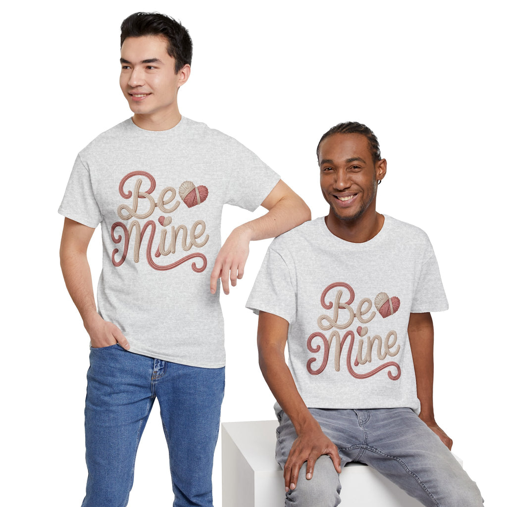 Be Mine Yarn Heart T-Shirt — Valentine’s Faux-Yarn Pink & Cream Unisex Cotton Tee