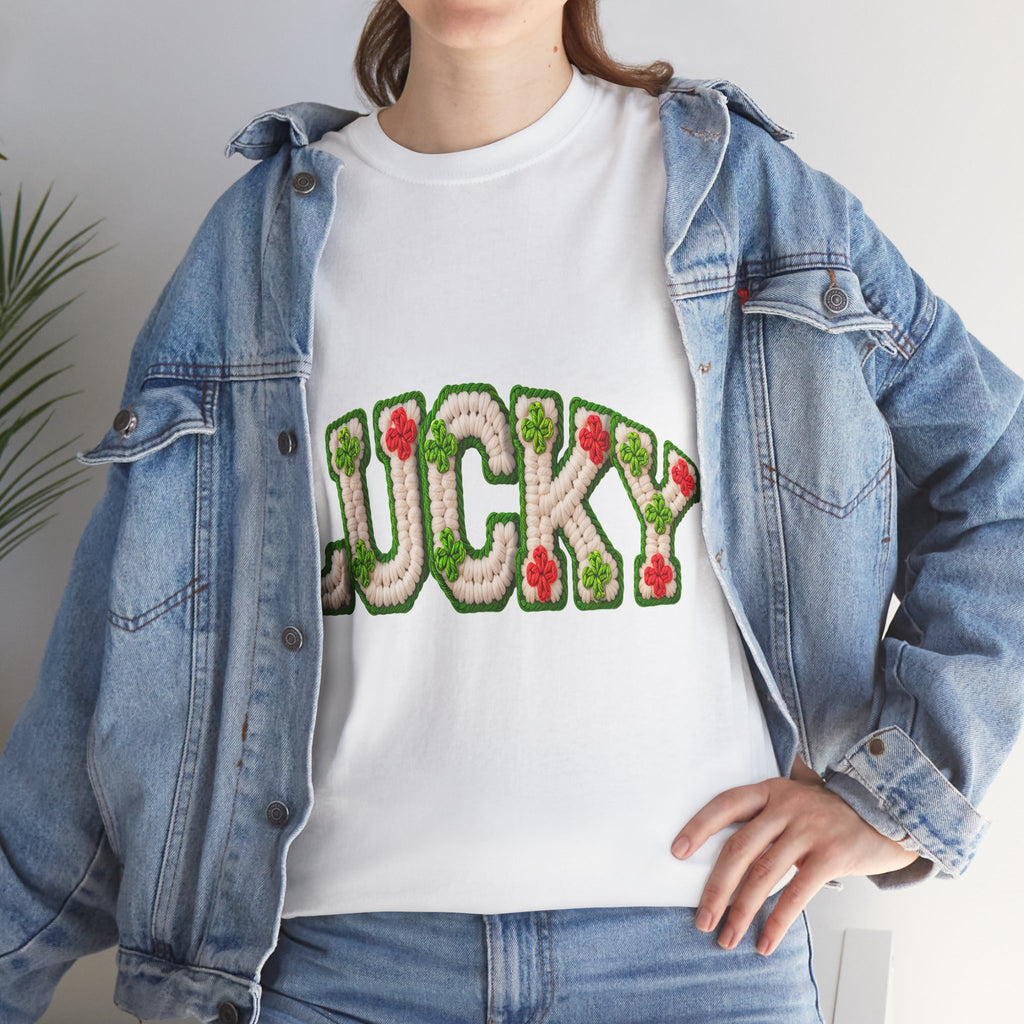 Lucky Crochet Clover T-Shirt — Faux-Yarn Embroidered St. Patrick’s Unisex Cotton Tee