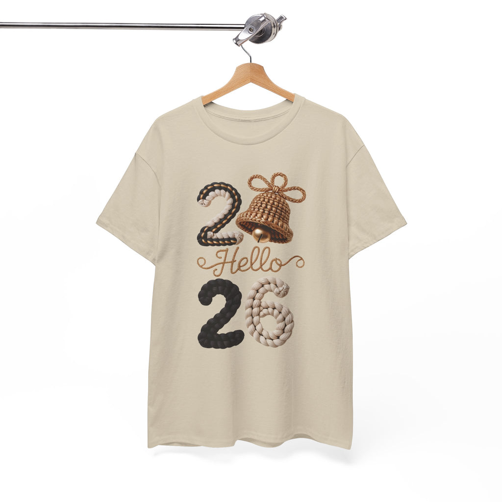 Hello 2026 Tee — Cozy Faux Yarn Braided Numbers with Woven Golden Bell..Unisex Cotton Tee