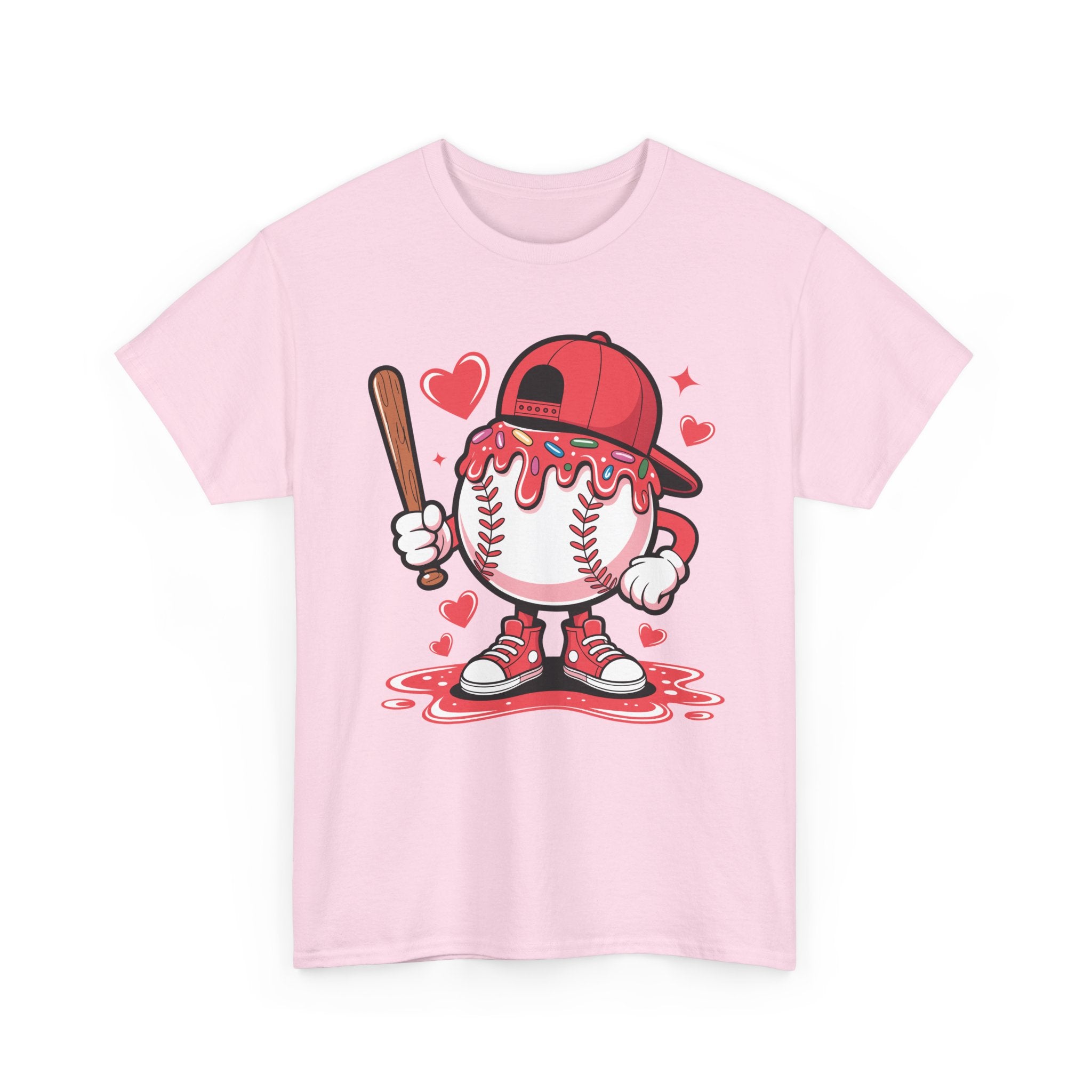 Cute Baseball Character T-Shirt — Red Cap & Icing Top Graphic with Hearts Unisex Cotton Tee