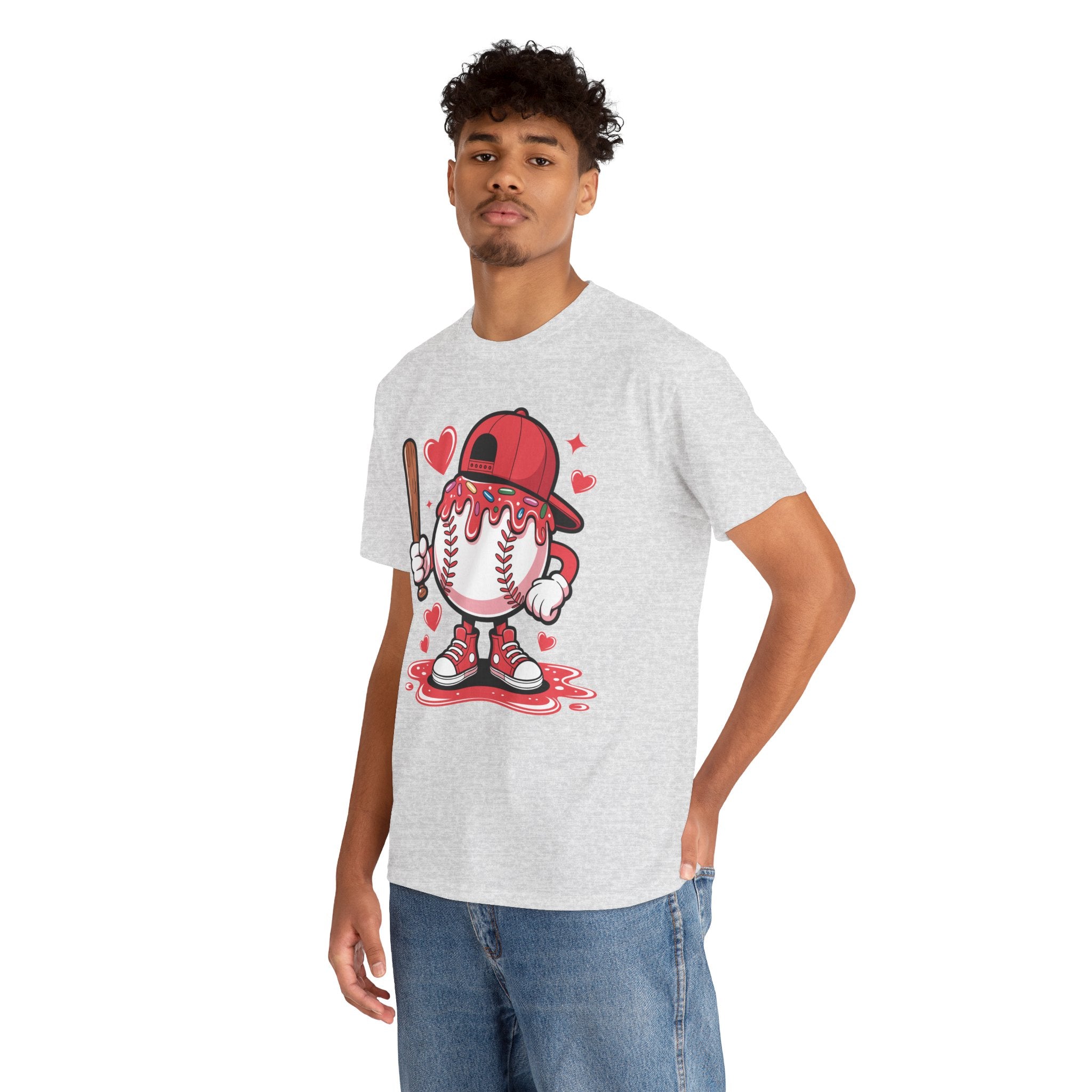 Cute Baseball Character T-Shirt — Red Cap & Icing Top Graphic with Hearts Unisex Cotton Tee