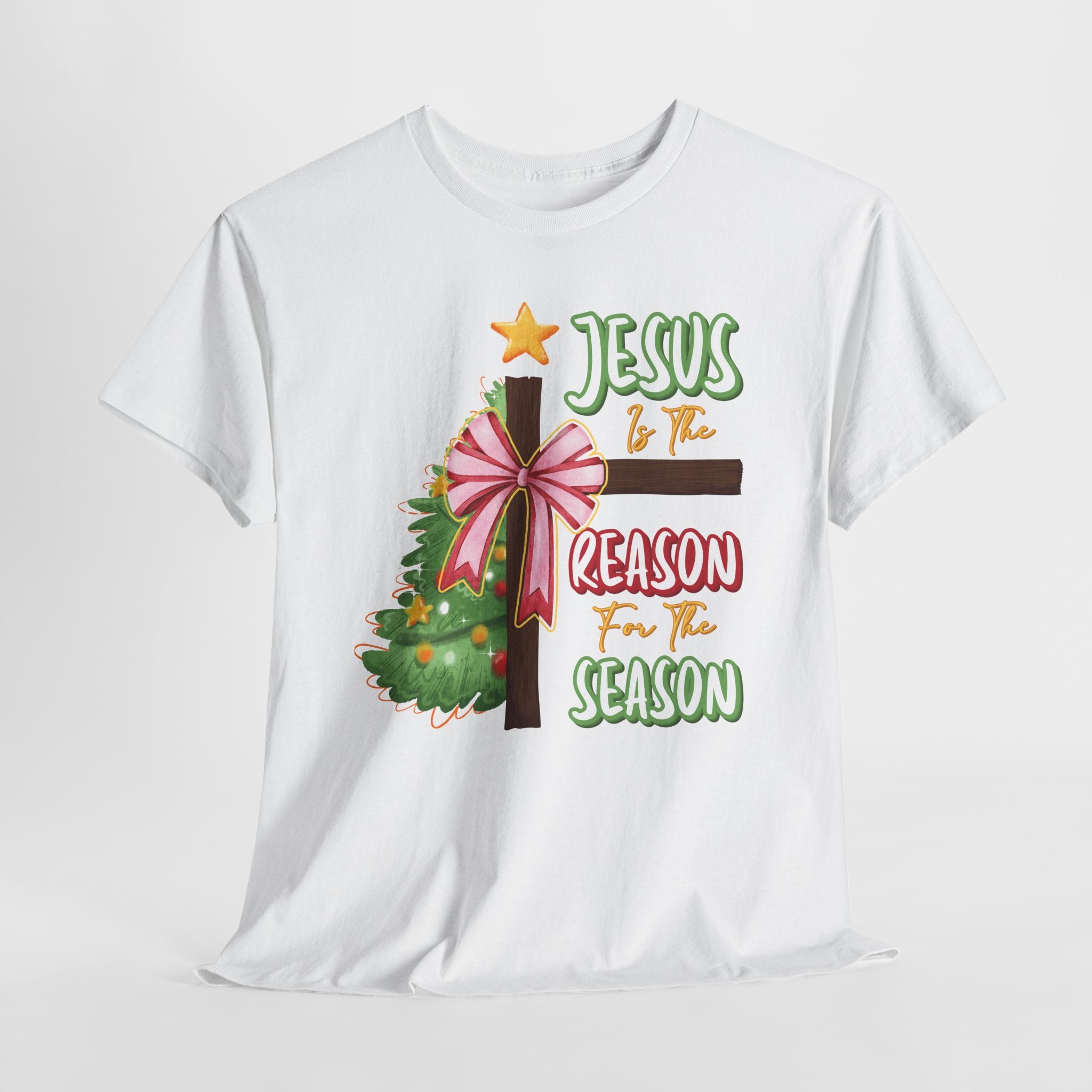 Jesus Is the Reason for the Season Christmas Tee — Cross with Pink Bow & Tree. Unisex Cotton Tee
